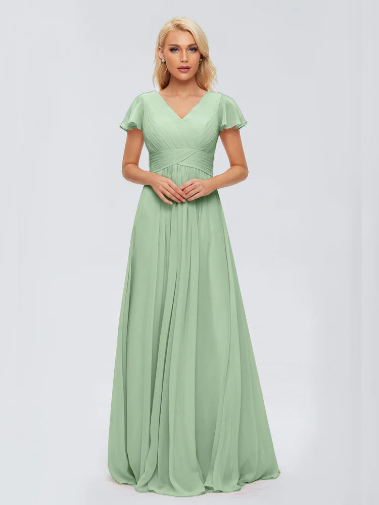 Robes De Demoiselle D'Honneur Vert Sauge Poussiéreux Trapèze Col V Mousseline Robes Demoiselle D'Honneur