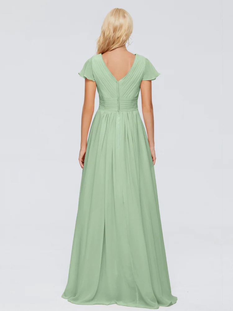 Robes De Demoiselle D'Honneur Vert Sauge Poussiéreux Trapèze Col V Mousseline Robes Demoiselle D'Honneur