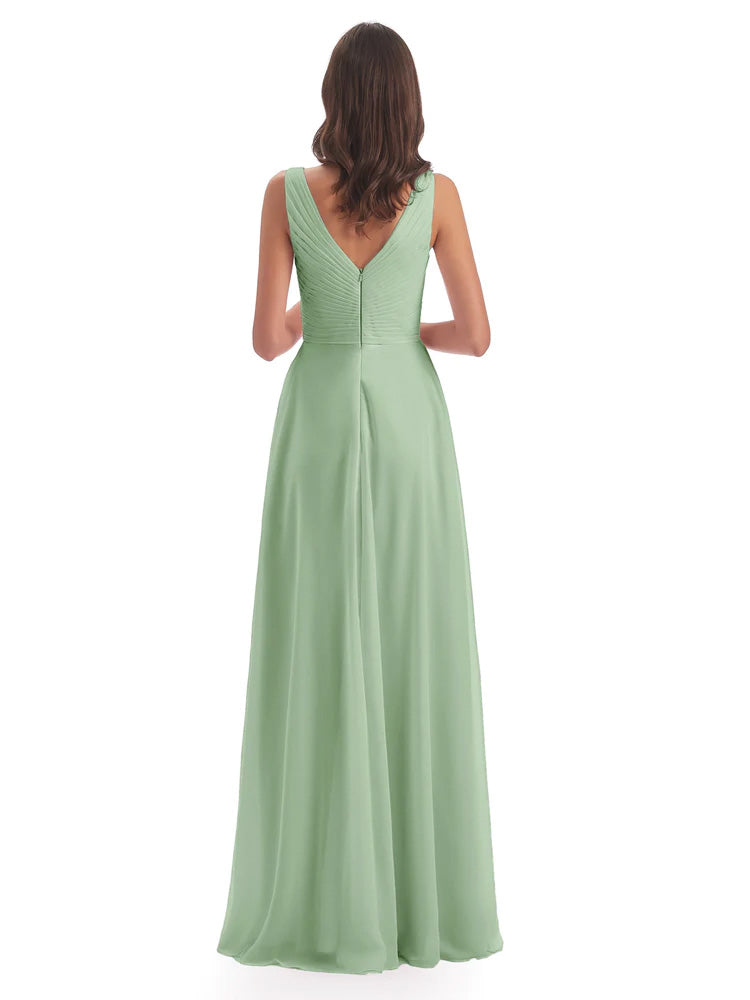 Robe De Demoiselle D'Honneur En Mousseline De Sauge Poussiéreuse Col V Bretelle Mousseline Robes Demoiselle D'Honneur