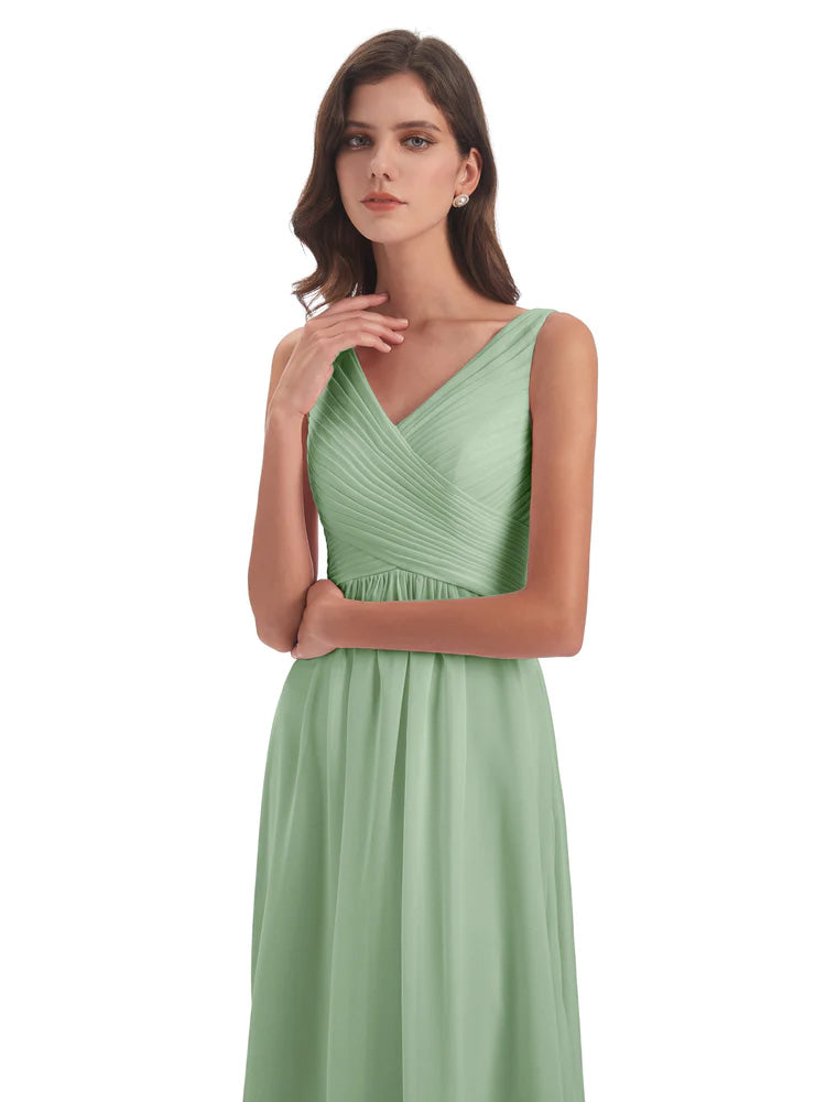 Robe De Demoiselle D'Honneur En Mousseline De Sauge Poussiéreuse Col V Bretelle Mousseline Robes Demoiselle D'Honneur