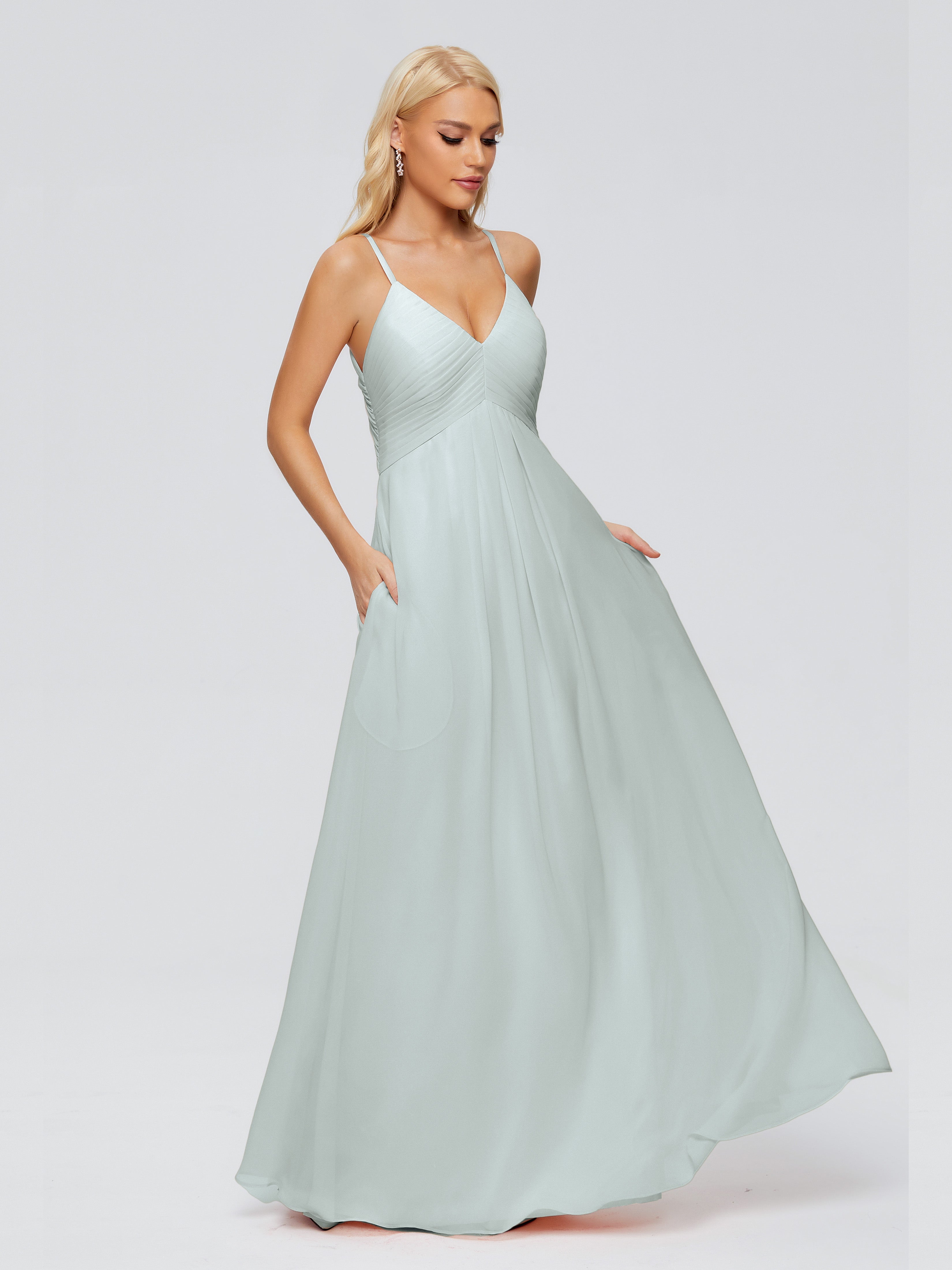 Robe Demoiselle D Honneur Vert Celadon Dos En V Manches 3/4 Robes Demoiselle D'Honneur