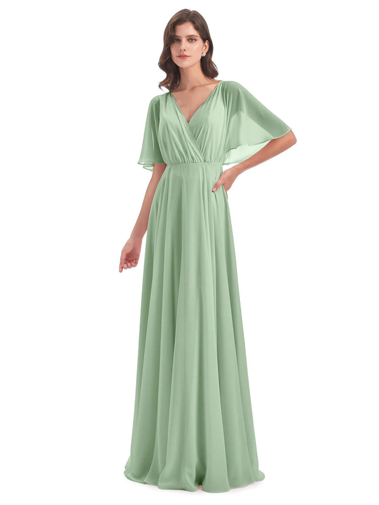Longues Robes De Demoiselle D'Honneur De Sauge Poussiéreuse Trapèze Dos En V Robes Demoiselle D'Honneur