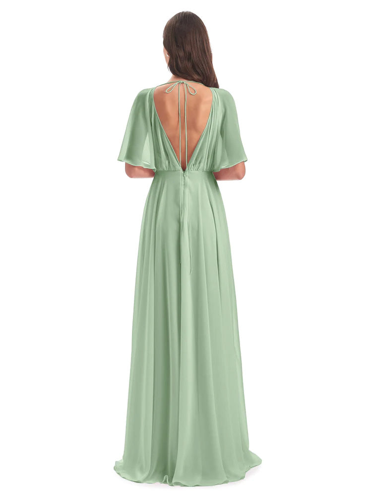 Longues Robes De Demoiselle D'Honneur De Sauge Poussiéreuse Trapèze Dos En V Robes Demoiselle D'Honneur
