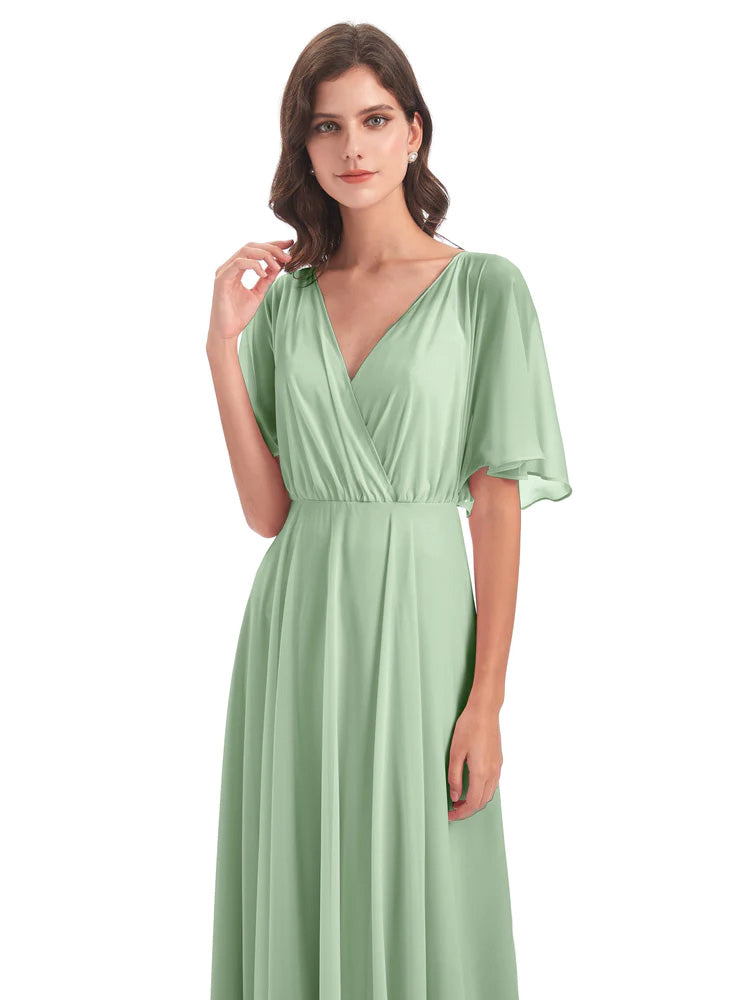 Longues Robes De Demoiselle D'Honneur De Sauge Poussiéreuse Trapèze Dos En V Robes Demoiselle D'Honneur