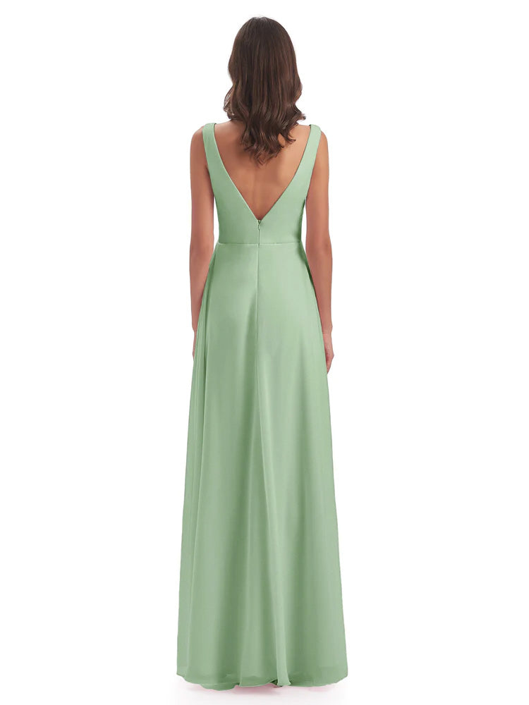 Robes De Demoiselle D'Honneur Vert Sauge Poussiéreux Col V Fendue Mousseline Robes Demoiselle D'Honneur