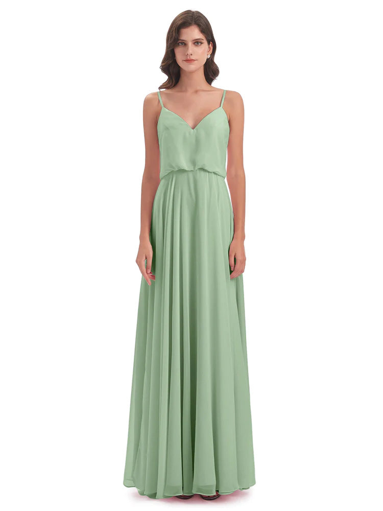 Toutes Les Robes De Demoiselle D'Honneur De Sauge Poussiéreuse Bretelles Spaghetti Mousseline Longue Robes Demoiselle D'Honneur