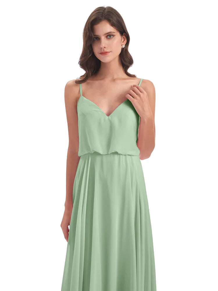 Toutes Les Robes De Demoiselle D'Honneur De Sauge Poussiéreuse Bretelles Spaghetti Mousseline Longue Robes Demoiselle D'Honneur