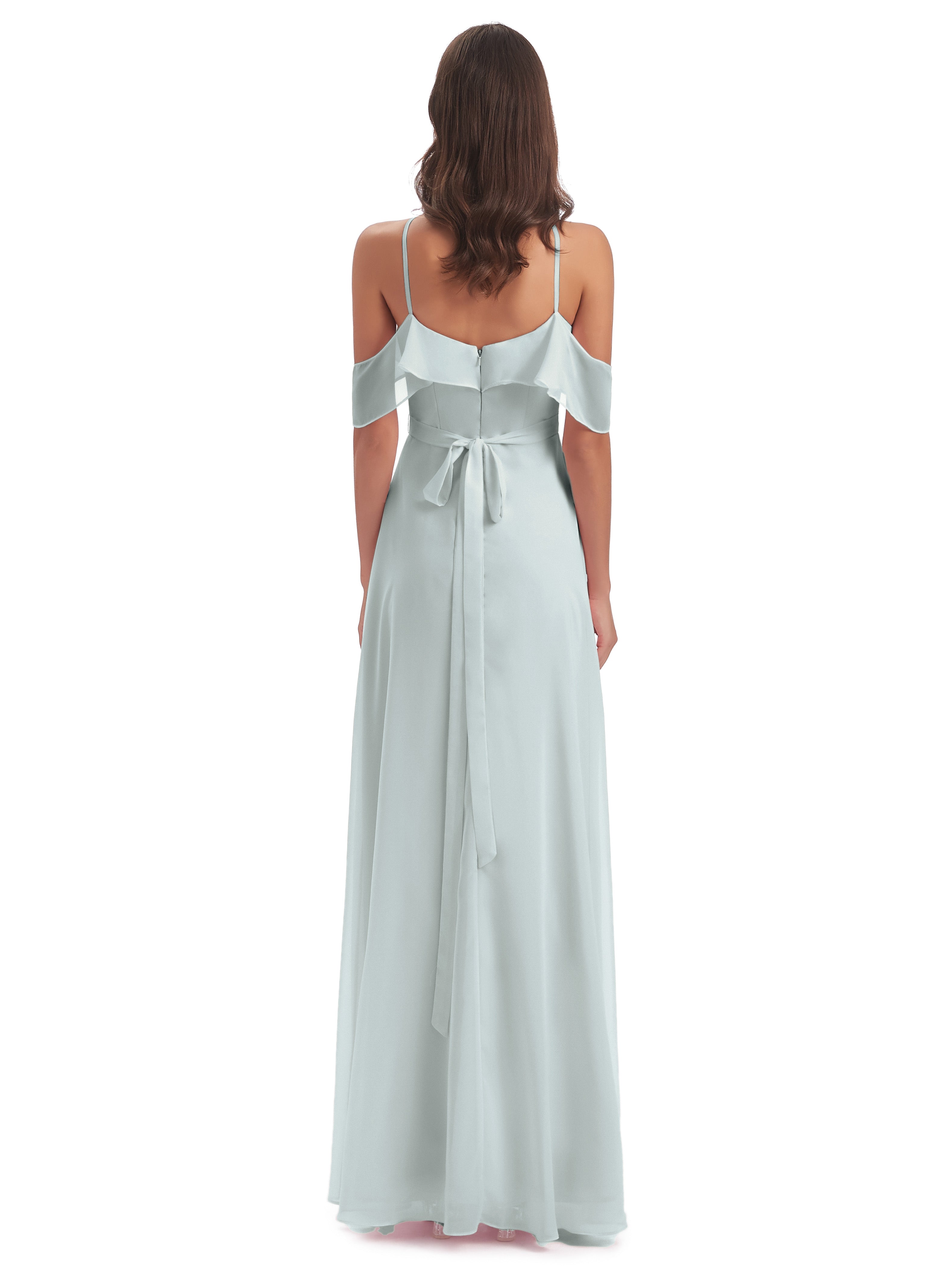 Robes De Demoiselle D'Honneur Celadon Décolleté Asymétrique Trapèze Mousseline Longue Robes Demoiselle D'Honneur Avec Plissé