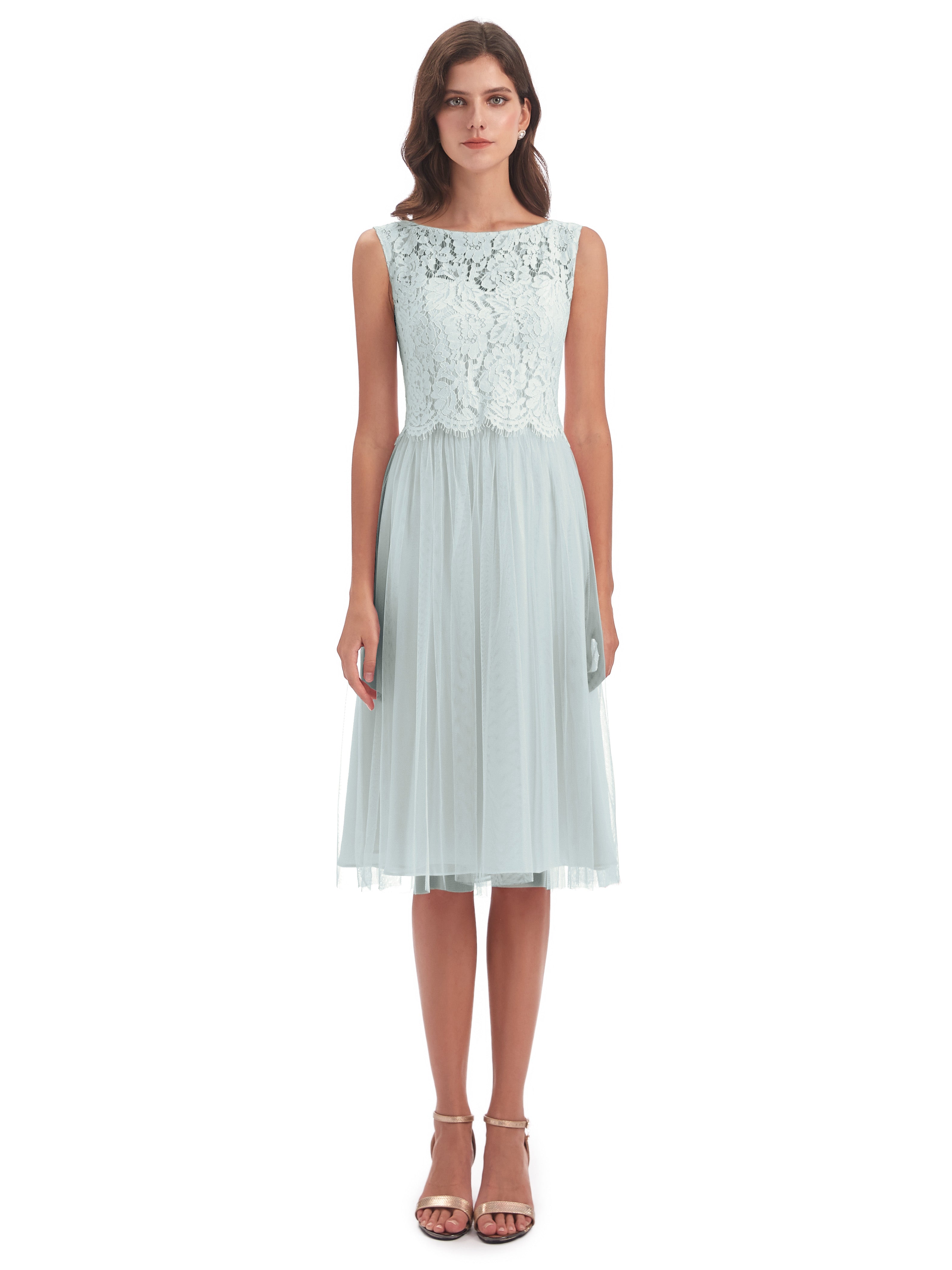 Robe Demoiselle D Honneur Vert Celadon Bateau Longueur Genou Tulle/Dentelle Robes Demoiselle D'Honneur