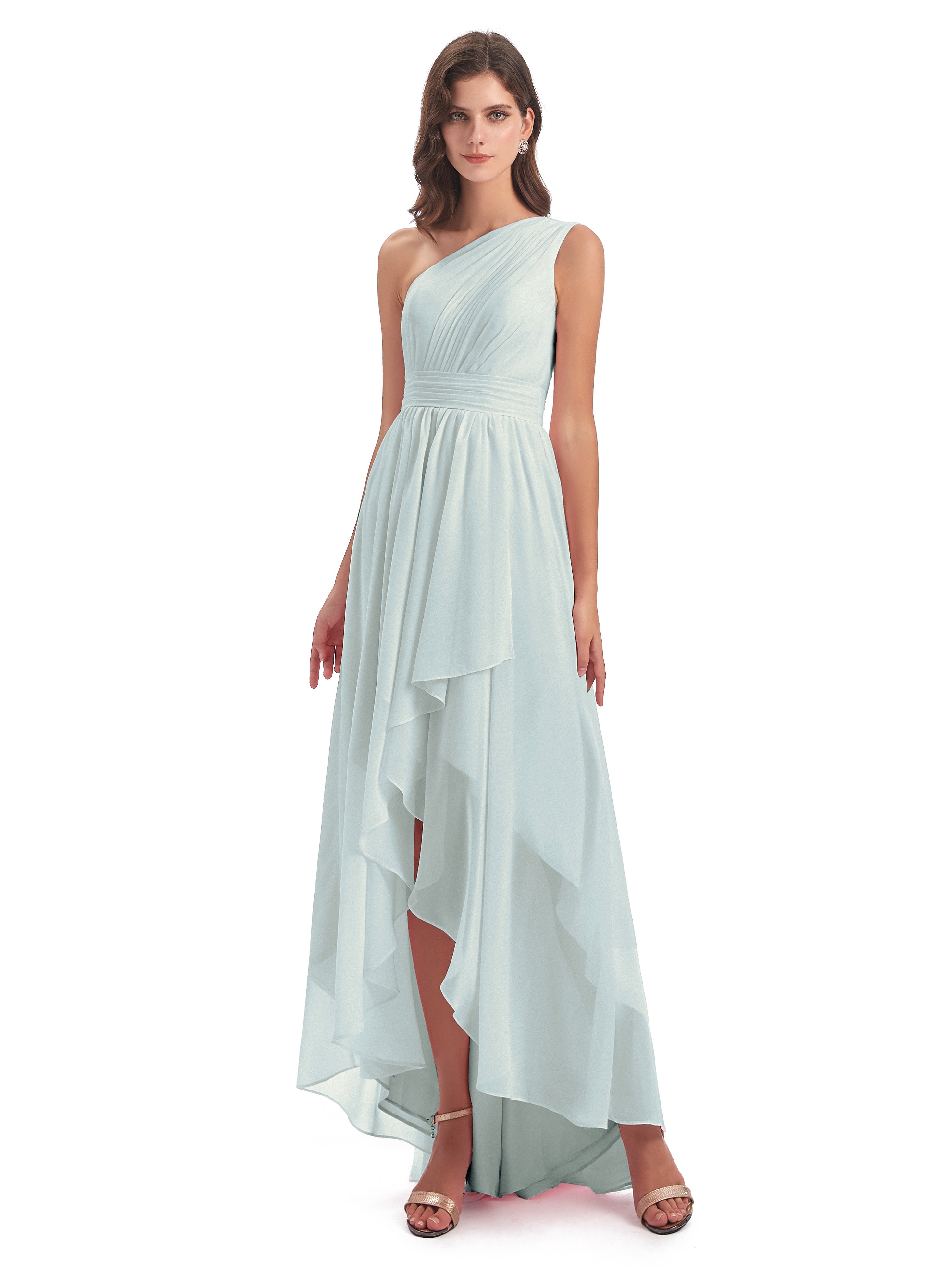 Robes De Demoiselle D'Honneur Celadon Asymétrique Seule-Épaule Mousseline Robes Demoiselle D'Honneur