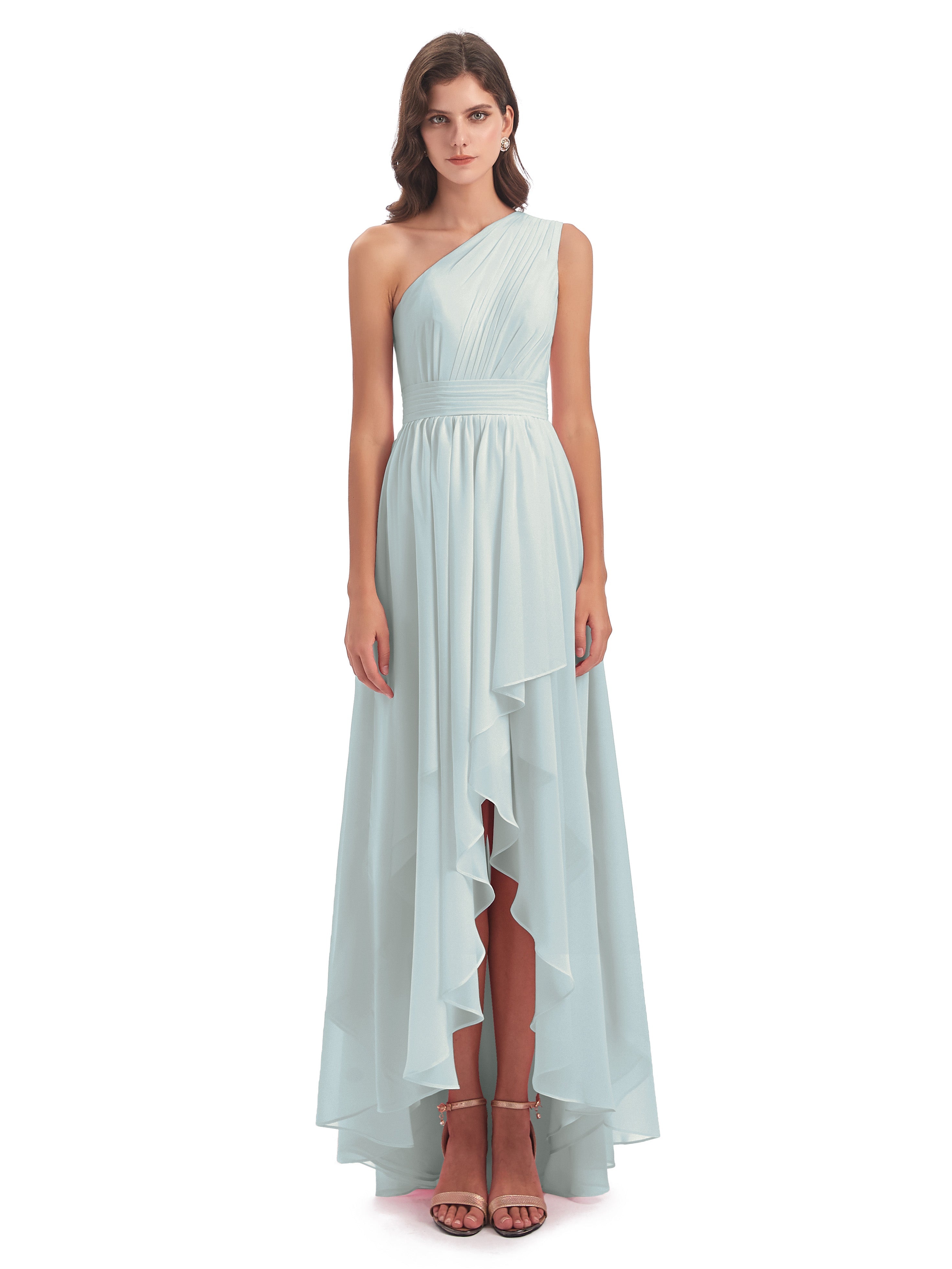 Robes De Demoiselle D'Honneur Celadon Asymétrique Seule-Épaule Mousseline Robes Demoiselle D'Honneur