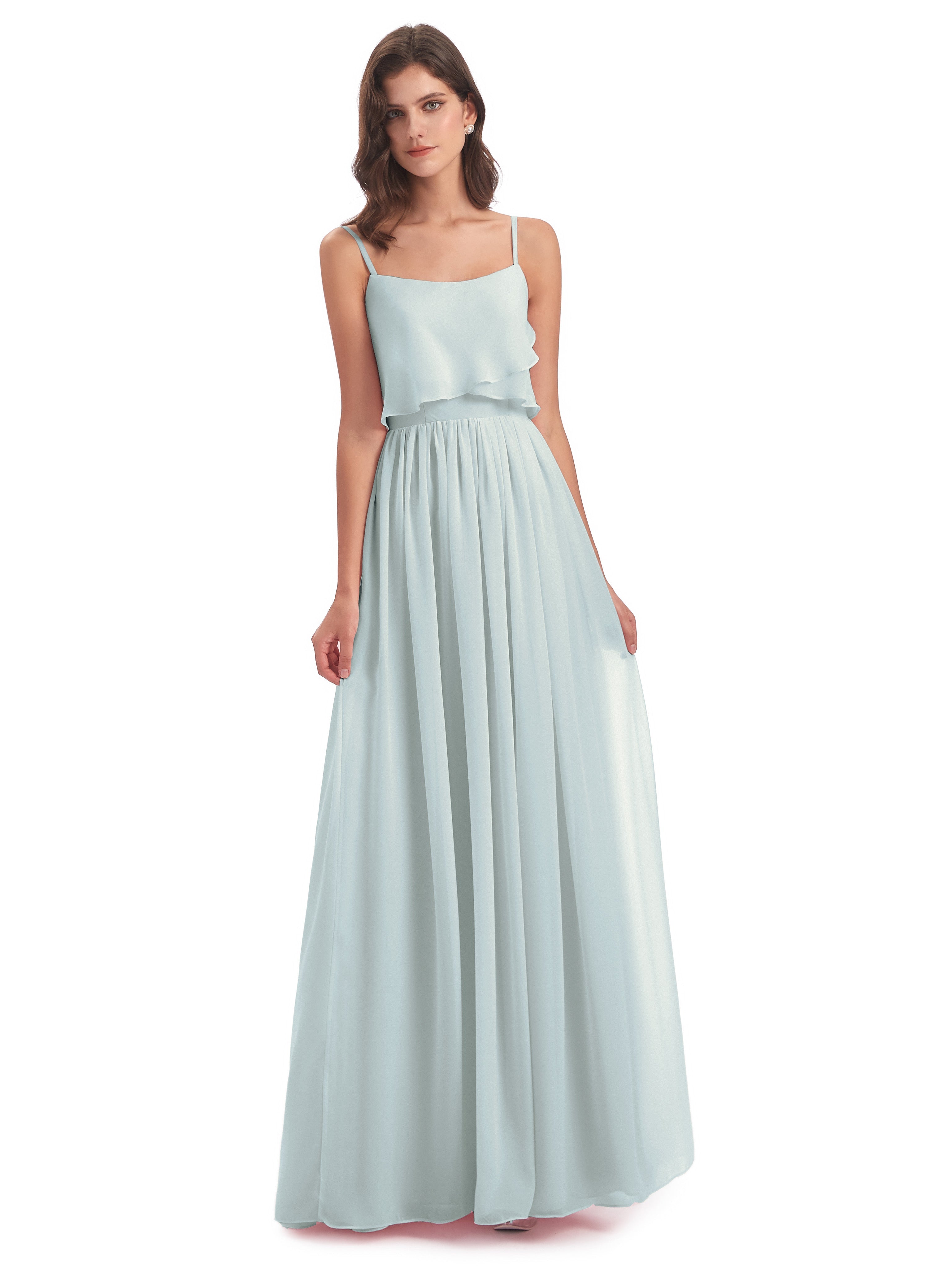 Robes De Demoiselle D'Honneur Celadon Bretelles Spaghetti Mousseline Longue Robes Demoiselle D'Honneur