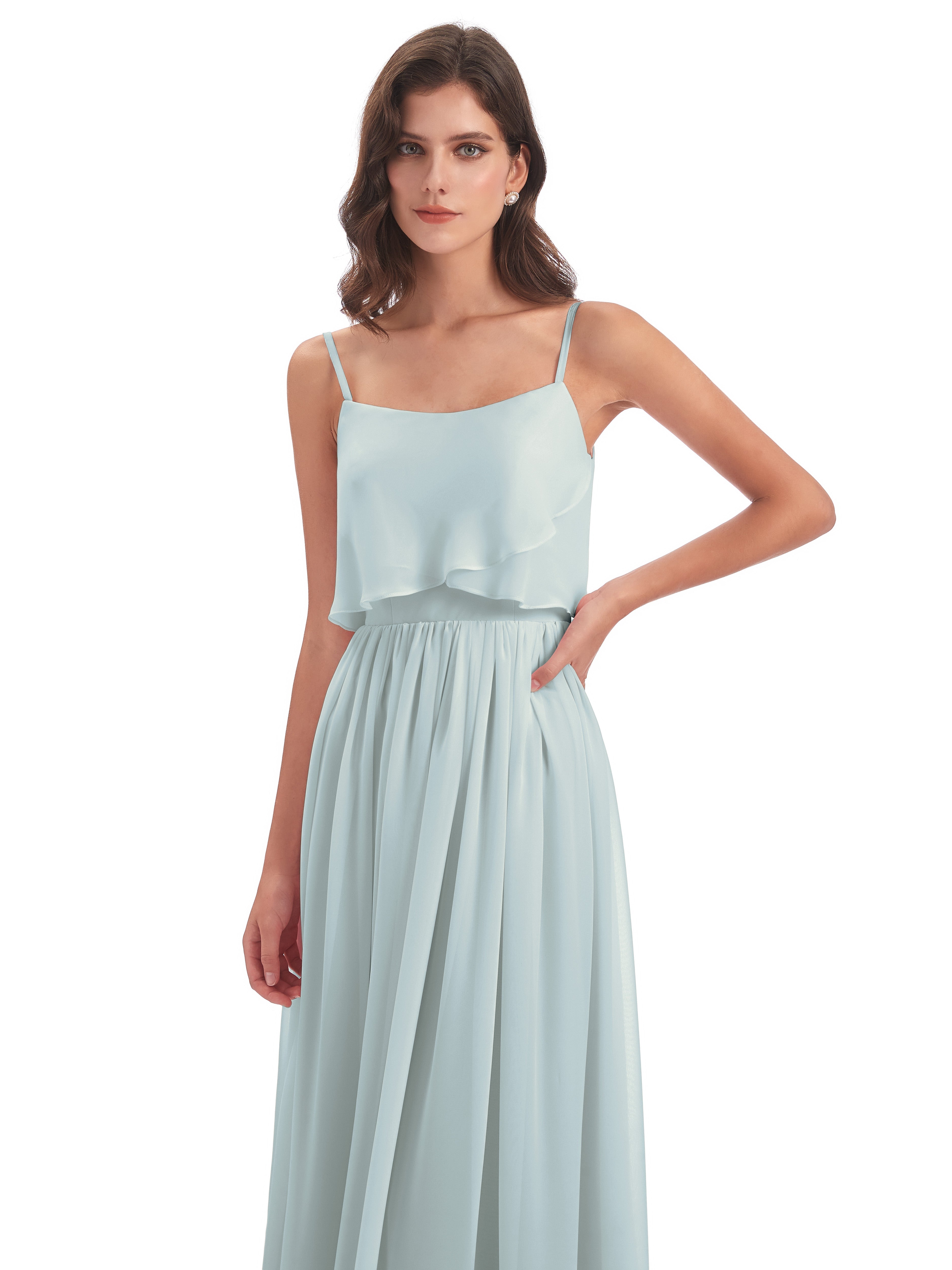 Robes De Demoiselle D'Honneur Celadon Bretelles Spaghetti Mousseline Longue Robes Demoiselle D'Honneur