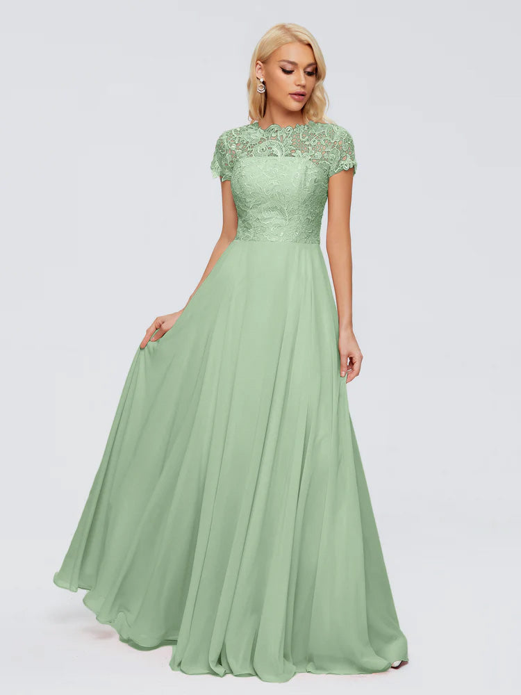 Robe Demoiselle D Honneur Sauge Poudré Trapèze Encolure Dégagée Mousseline Robes Demoiselle D'Honneur