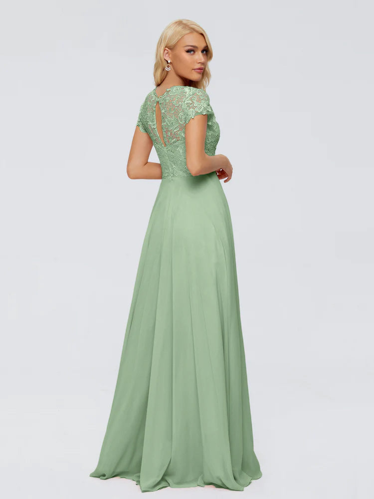 Robe Demoiselle D Honneur Sauge Poudré Trapèze Encolure Dégagée Mousseline Robes Demoiselle D'Honneur