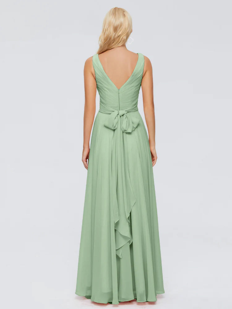 Ryleigh Col V Mousseline Robes Demoiselle d'Honneur avec Arc en SAUGE_POUDREE