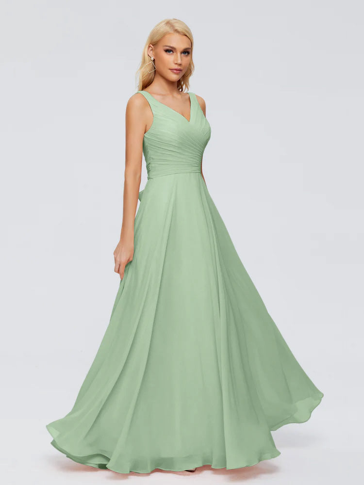 Ryleigh Col V Mousseline Robes Demoiselle d'Honneur avec Arc en SAUGE_POUDREE