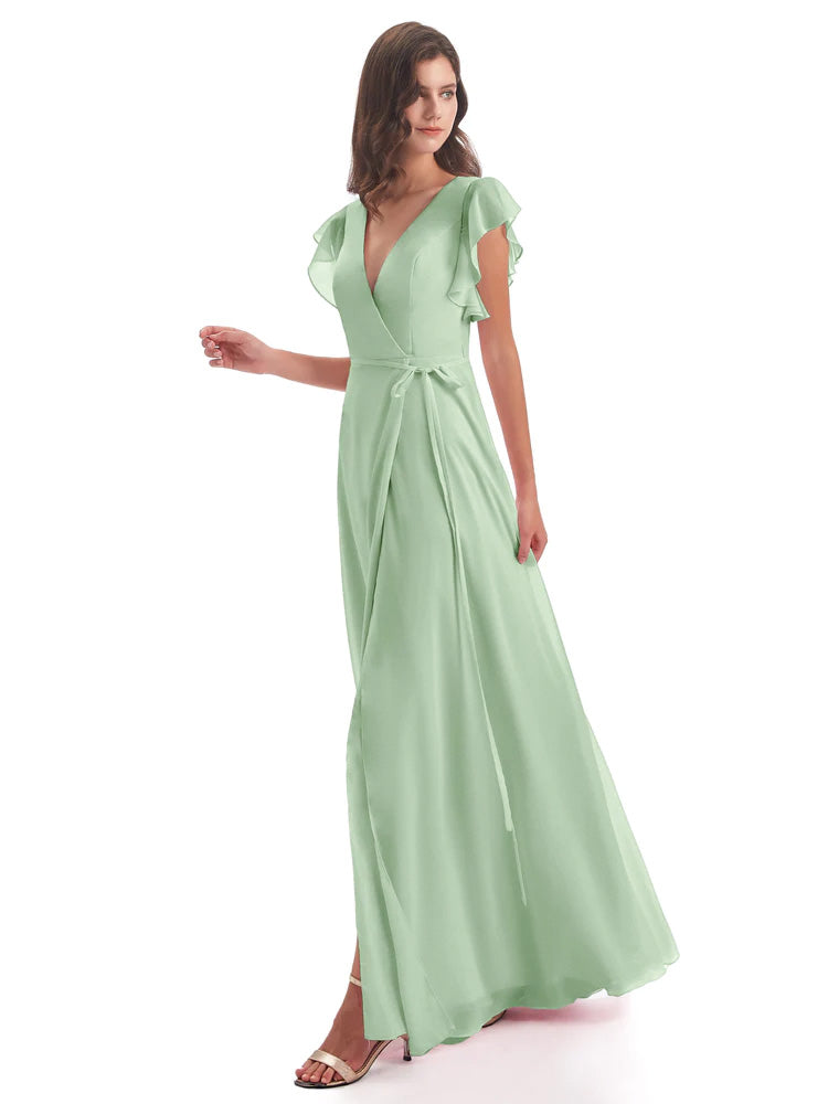 Longues Robes De Demoiselle D'Honneur De Sauge Poussiéreuse Fendue Devant Col V Robes Demoiselle D'Honneur