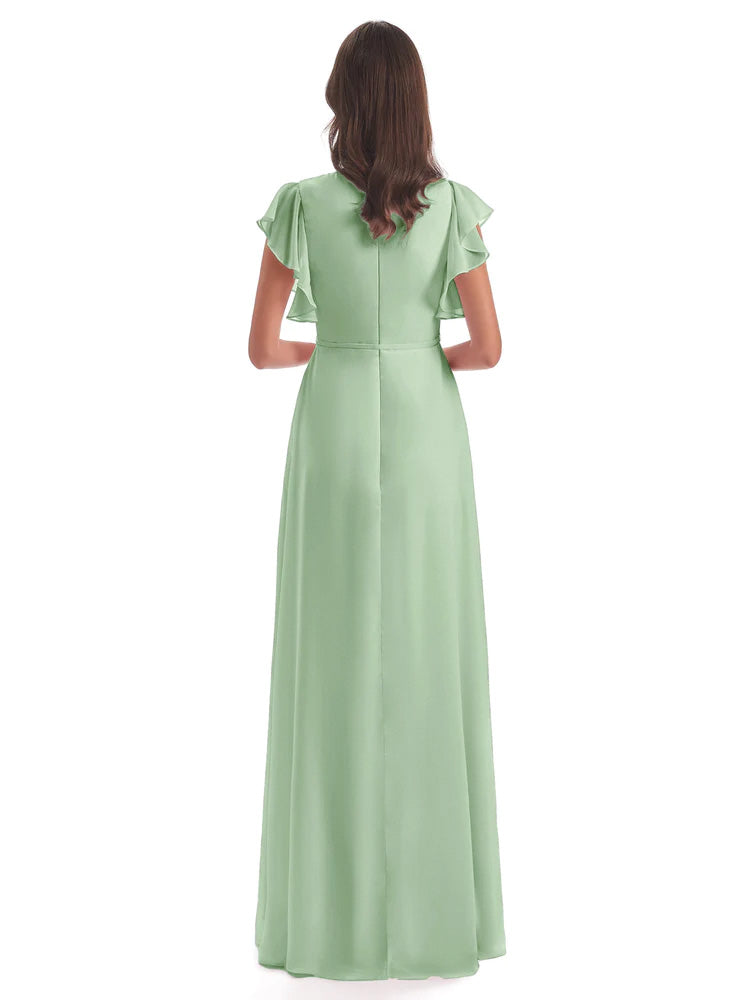 Longues Robes De Demoiselle D'Honneur De Sauge Poussiéreuse Fendue Devant Col V Robes Demoiselle D'Honneur