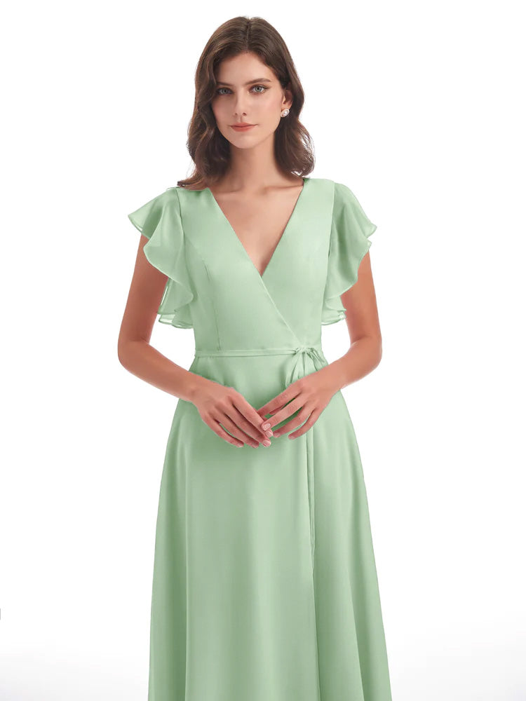 Longues Robes De Demoiselle D'Honneur De Sauge Poussiéreuse Fendue Devant Col V Robes Demoiselle D'Honneur