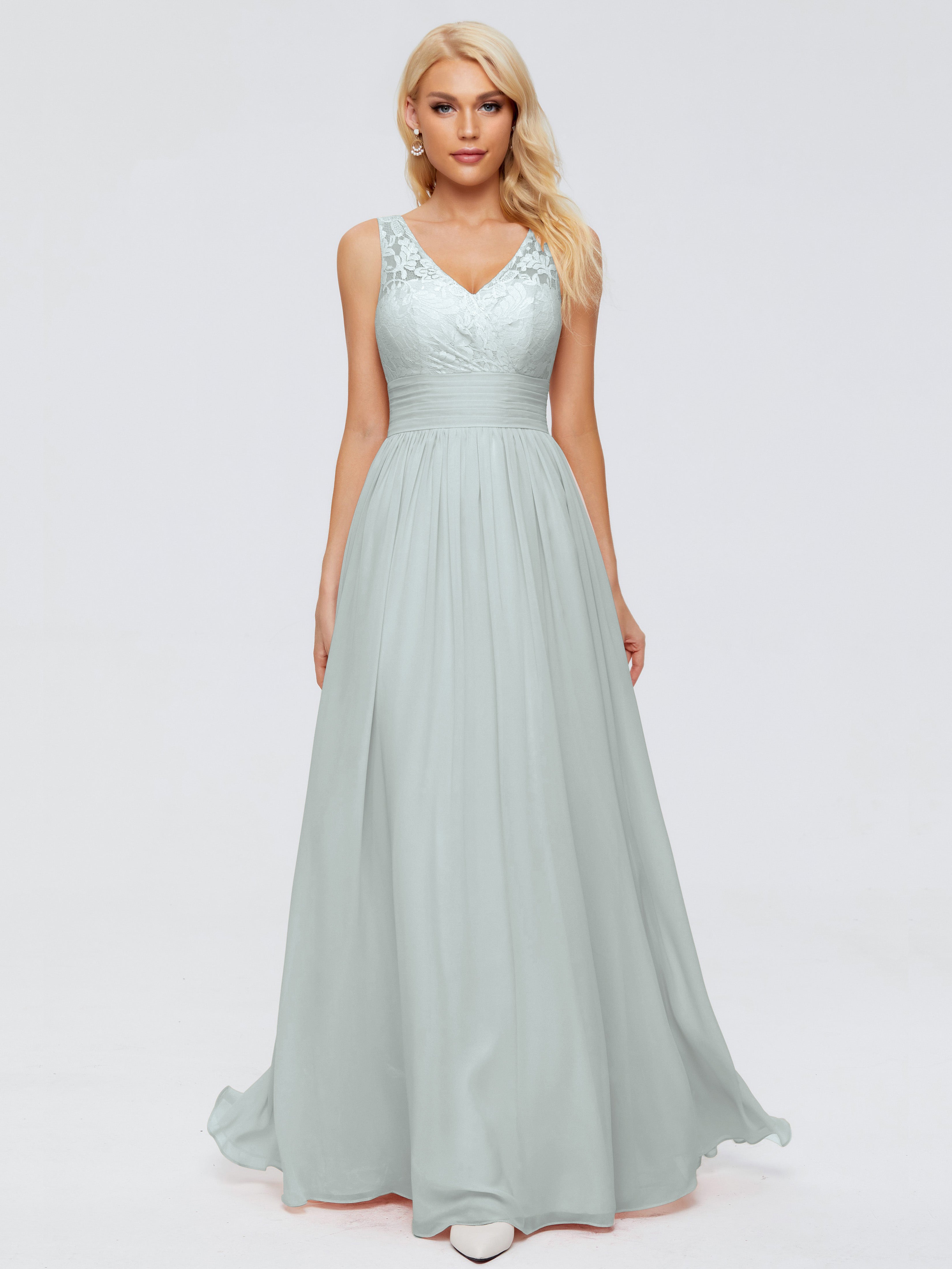 Robe Demoiselle D Honneur Celadon Trapèze Col V Fendue Devant Mousseline Robe Demoiselle D'Honneur
