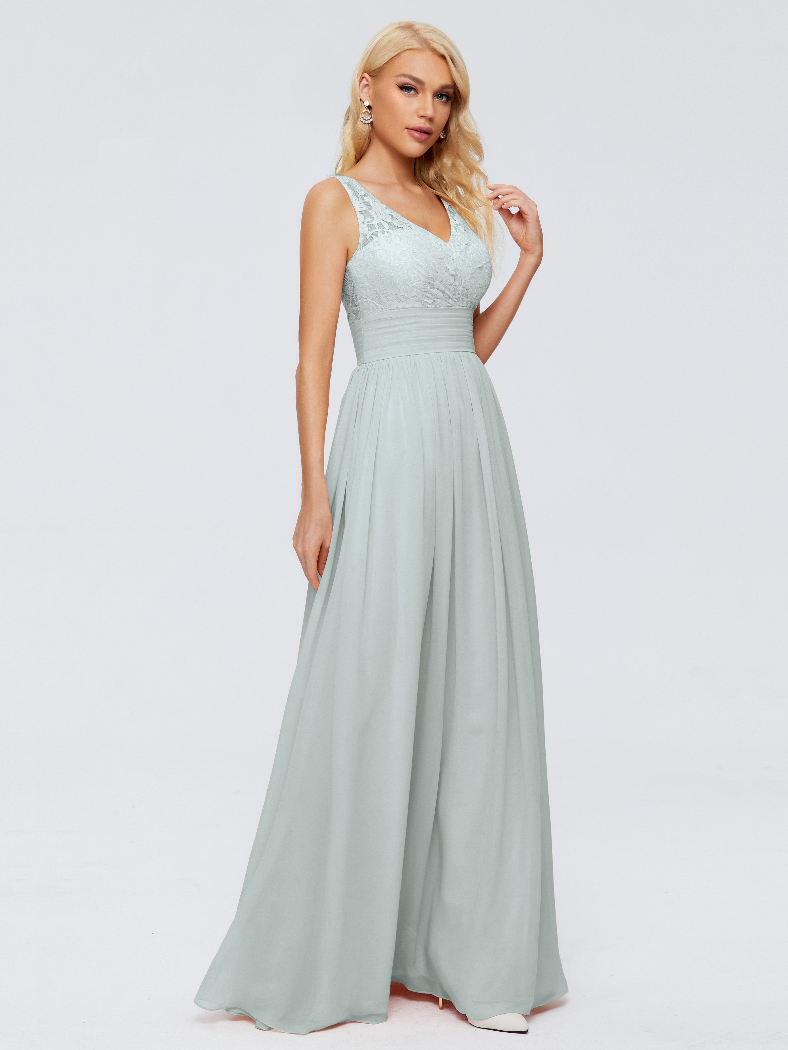 Robe Demoiselle D Honneur Celadon Trapèze Col V Fendue Devant Mousseline Robe Demoiselle D'Honneur