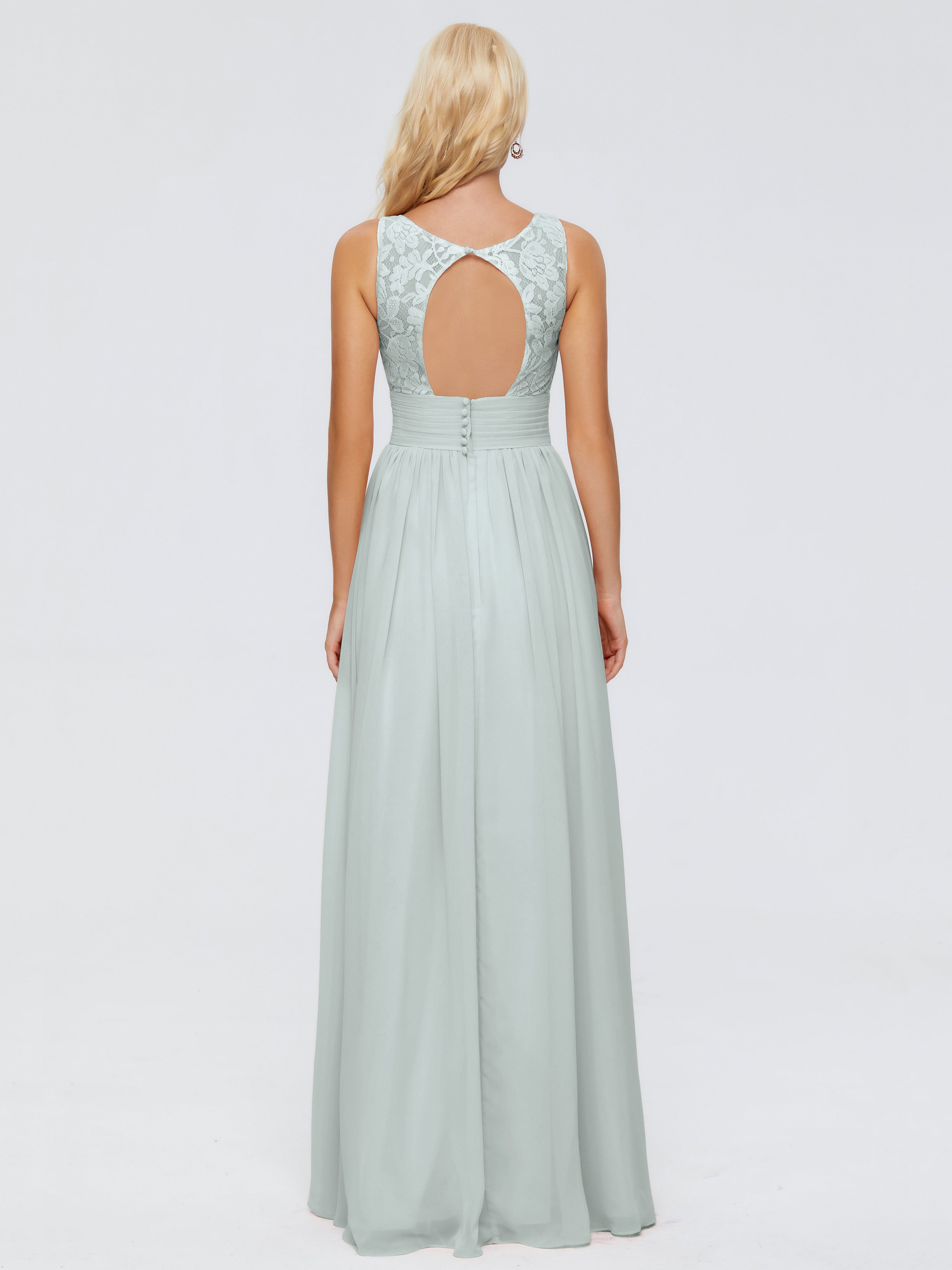 Robe Demoiselle D Honneur Celadon Trapèze Col V Fendue Devant Mousseline Robe Demoiselle D'Honneur