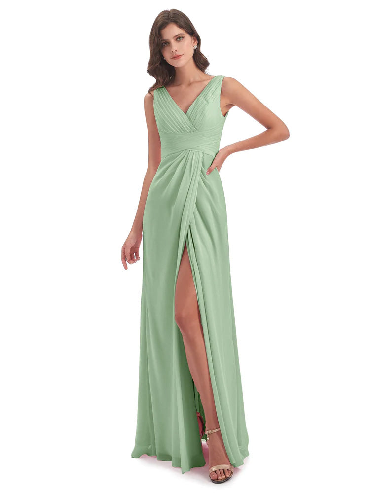 Robes De Demoiselle D'Honneur Couleur Sauge Poussiéreuse Bon Marché Fendue Devant Mousseline Longue Robes Demoiselle D'Honneur