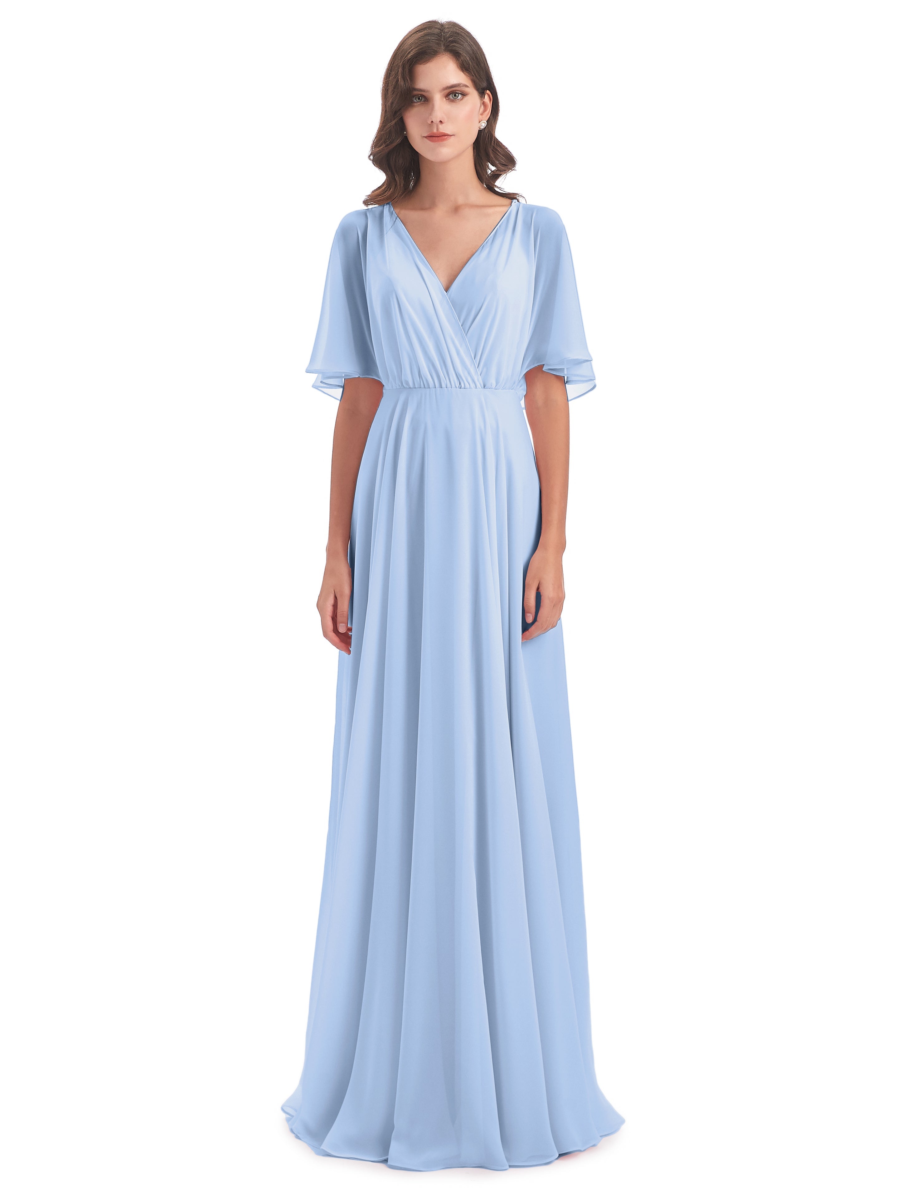 Robe Longue Bleu Ciel Demoiselle D Honneur Trapèze Dos En V Robes Demoiselle D'Honneur
