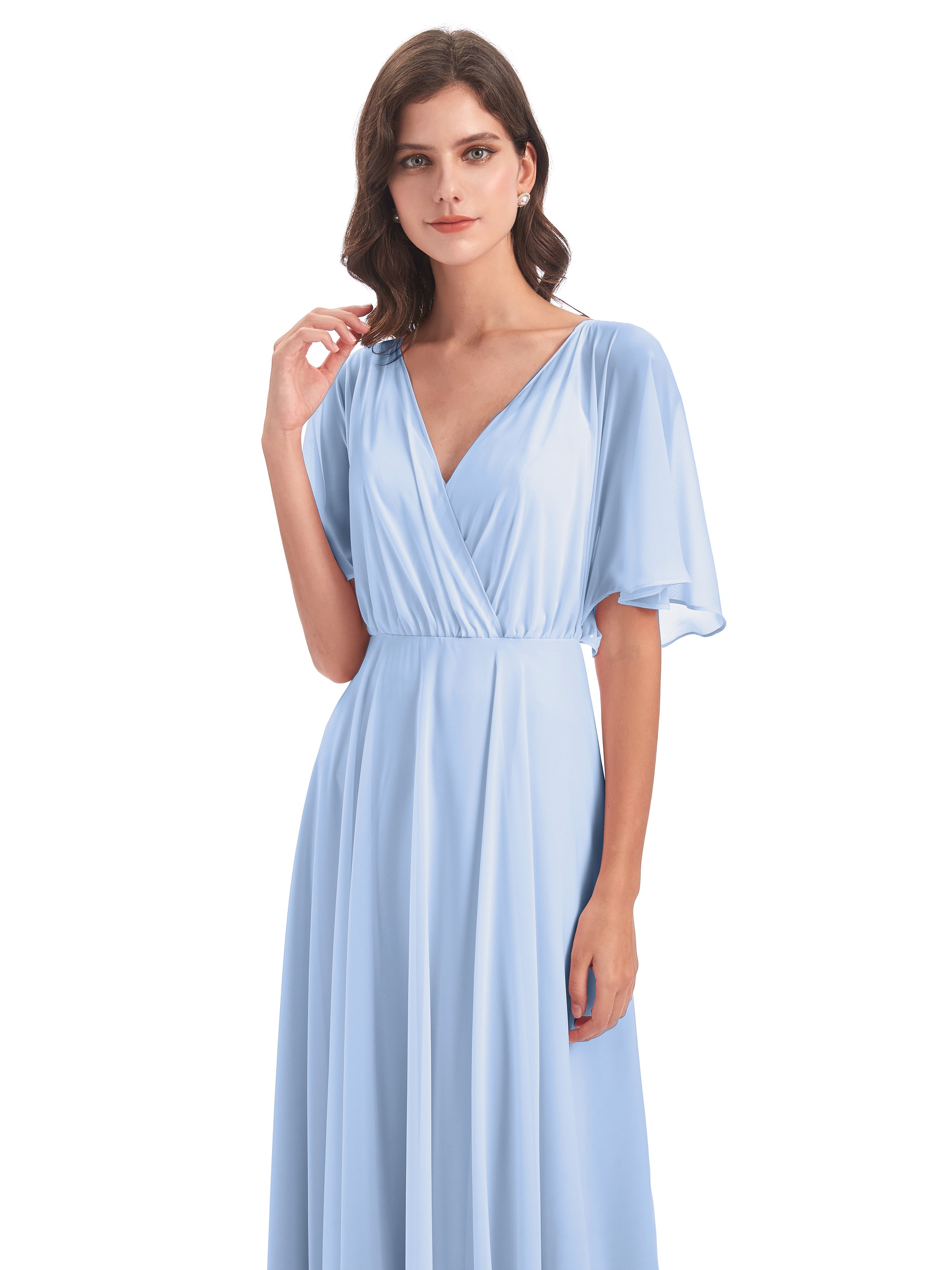 Robe Longue Bleu Ciel Demoiselle D Honneur Trapèze Dos En V Robes Demoiselle D'Honneur