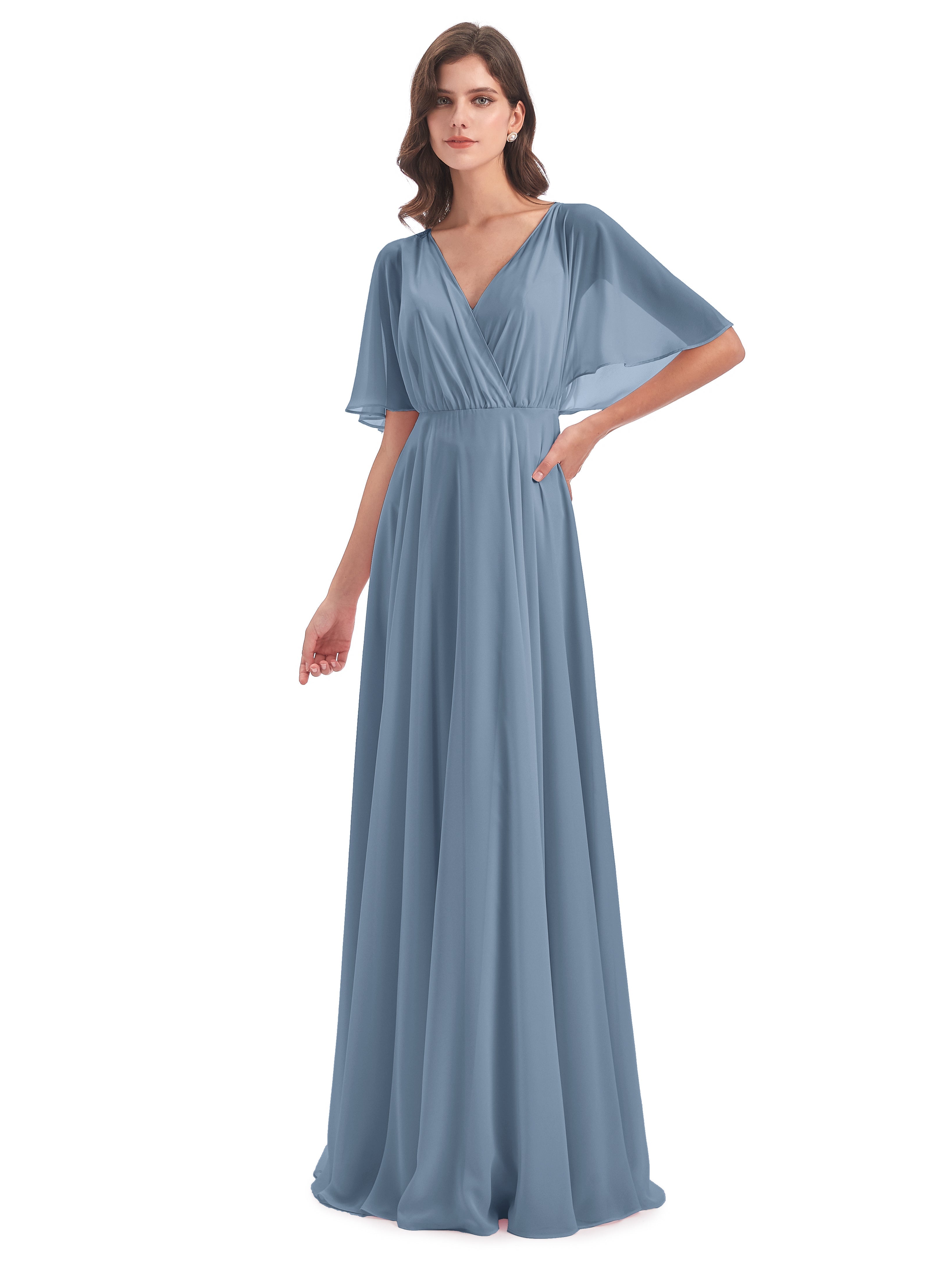 Robes De Demoiselle D'Honneur Bleu De Schiste Trapèze Dos En V Robes Demoiselle D'Honneur