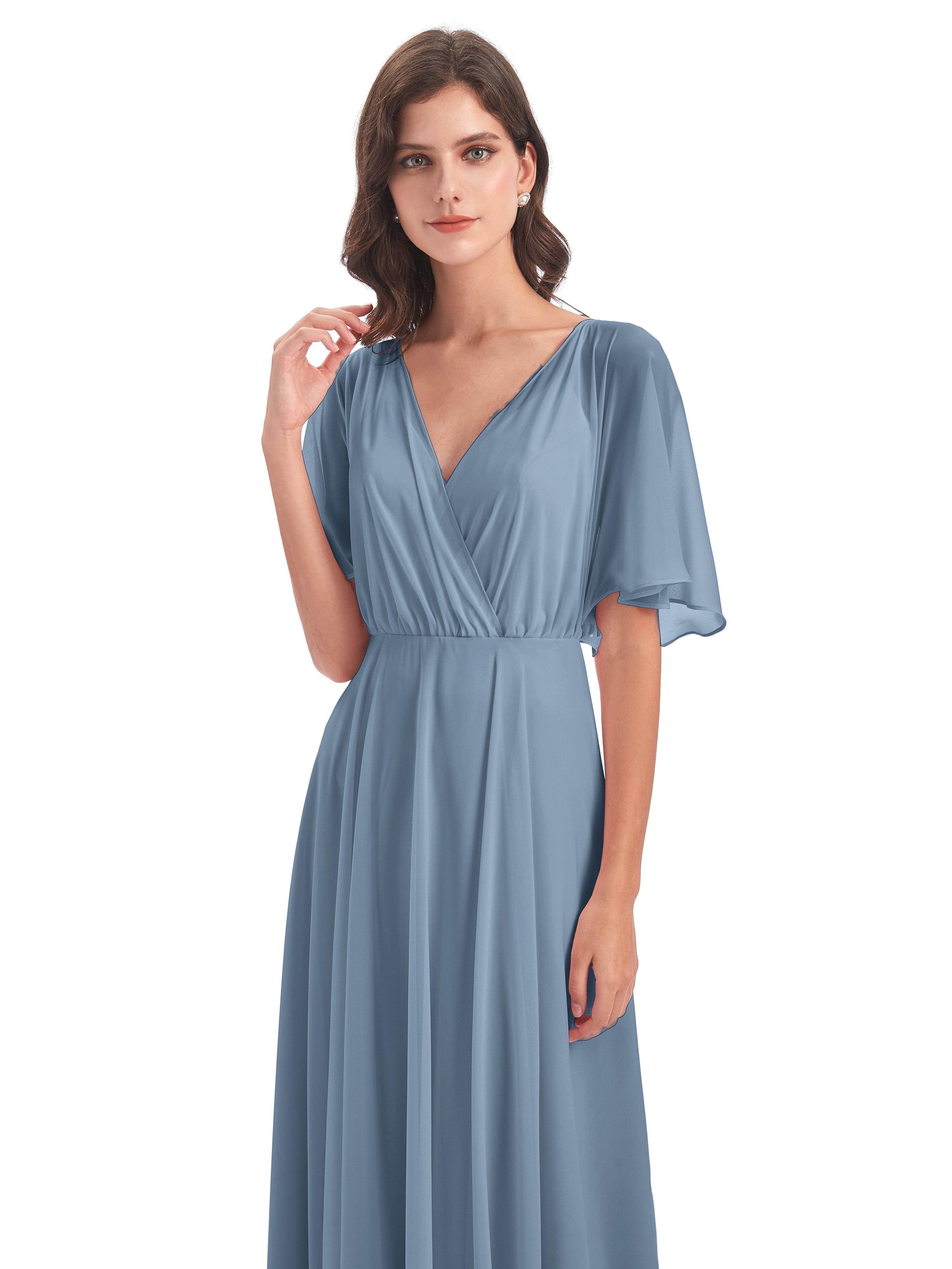 Robes De Demoiselle D'Honneur Bleu De Schiste Trapèze Dos En V Robes Demoiselle D'Honneur