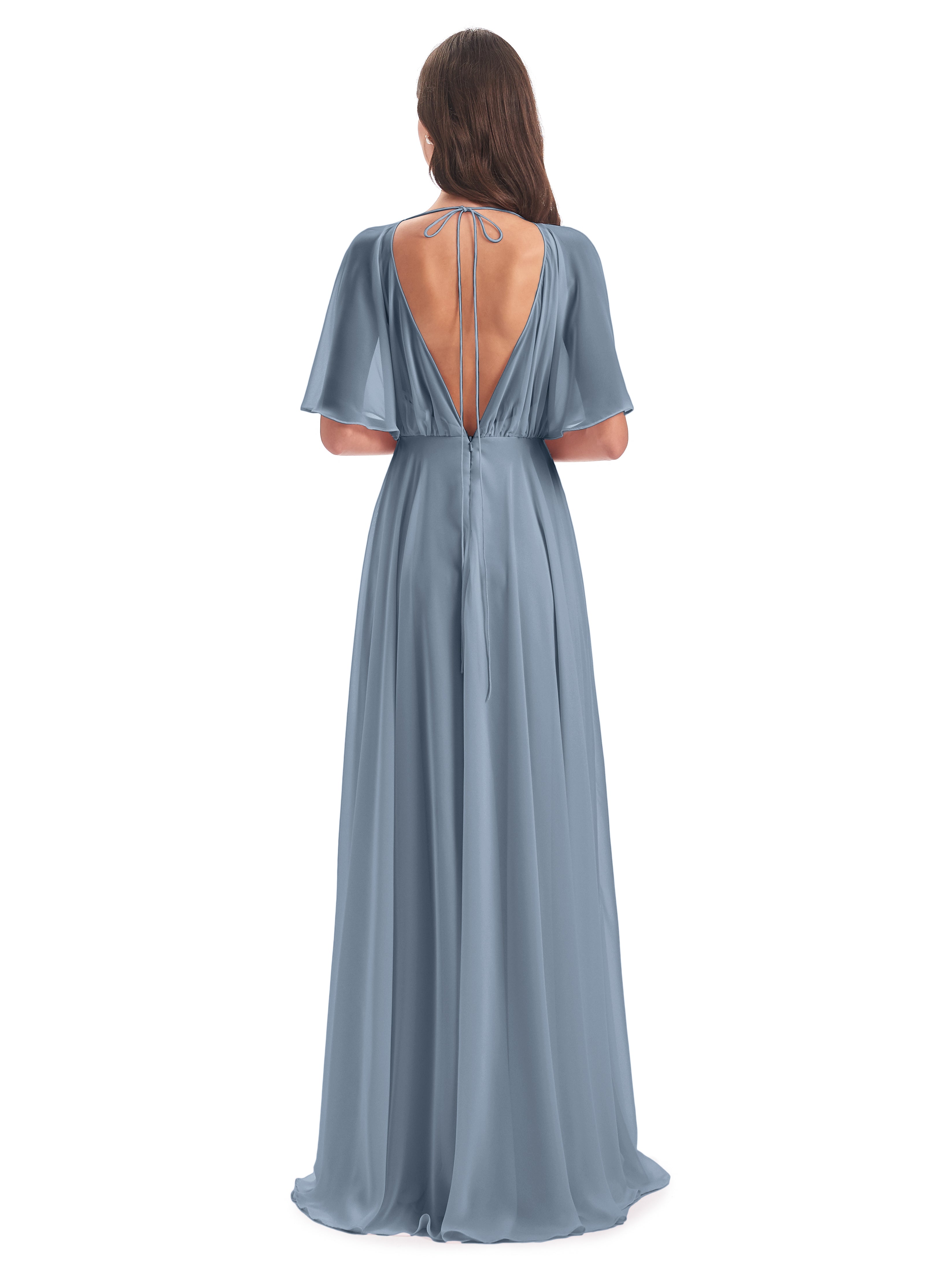 Robes De Demoiselle D'Honneur Bleu Poussiéreux Trapèze Dos En V Robes Demoiselle D'Honneur