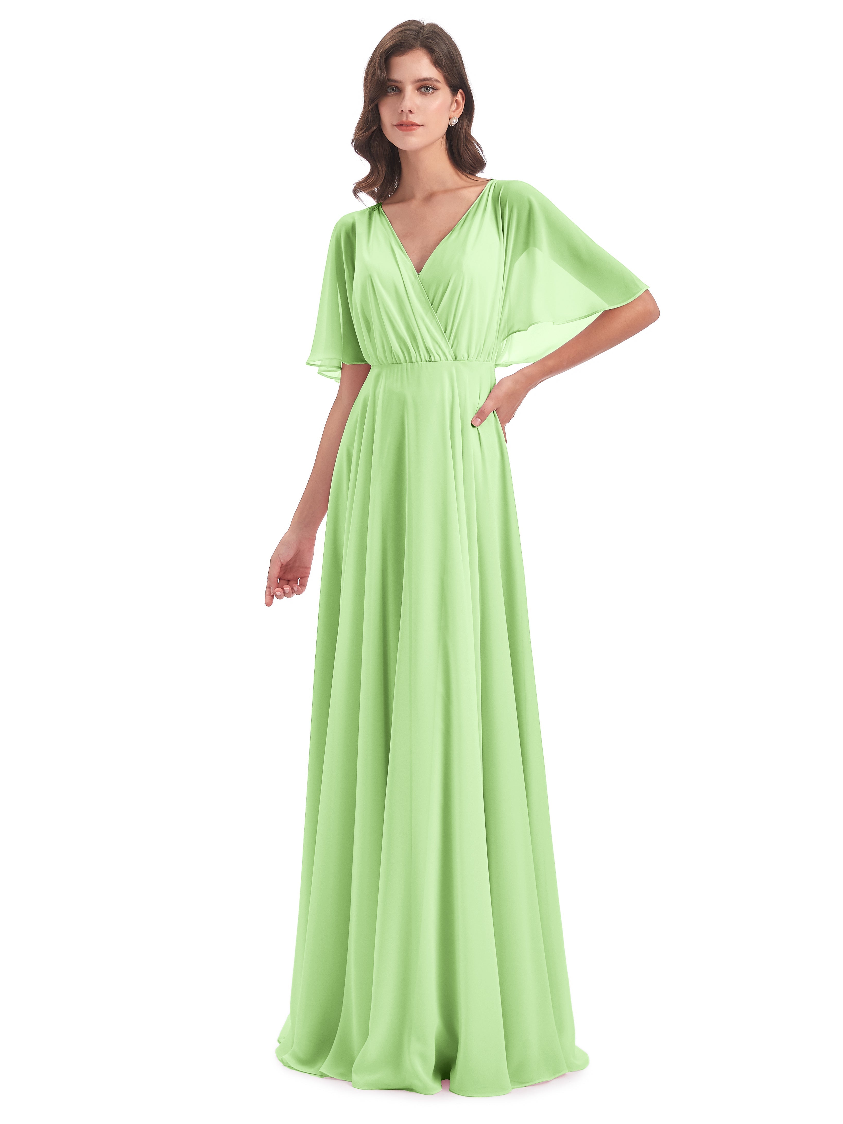 Robe Longue Demoiselle D Honneur Vert Sauge Trapèze Dos En V Robes Demoiselle D'Honneur