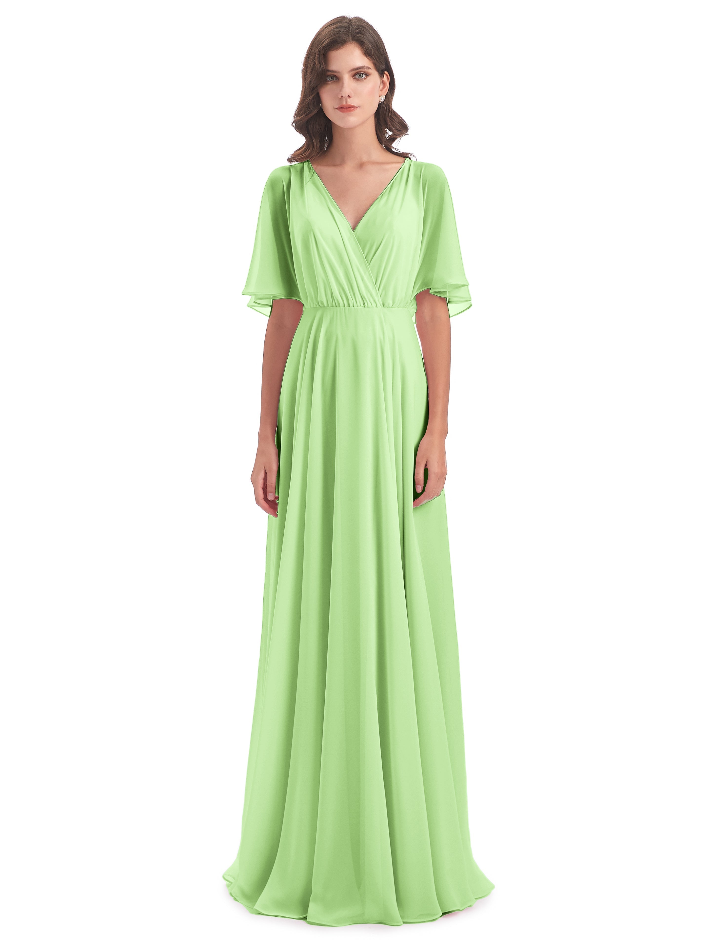 Robe Longue Demoiselle D Honneur Vert Sauge Trapèze Dos En V Robes Demoiselle D'Honneur