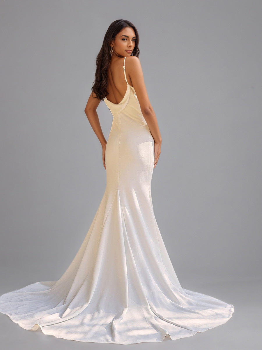 Cicinia Robe de Mariée Sirène Longue à Bretelles Spaghetti Décolleté en V Minimaliste