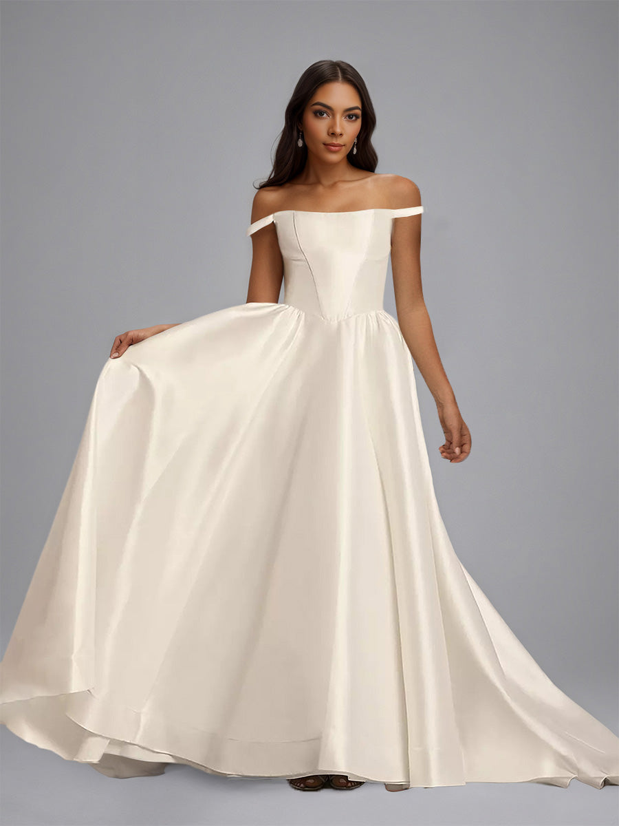 Cicinia Ivoire Robe de Mariée en Satin Épaules Dénudées Minimaliste