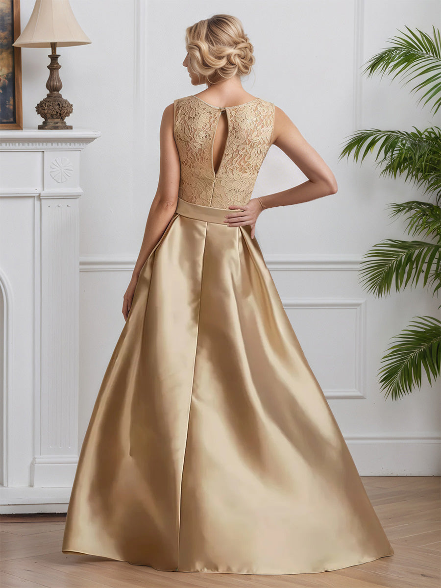 Cicinia Champagne Robe pour Mère de la Mariée Longue en Satin et Dentelle A-Line sans Manches