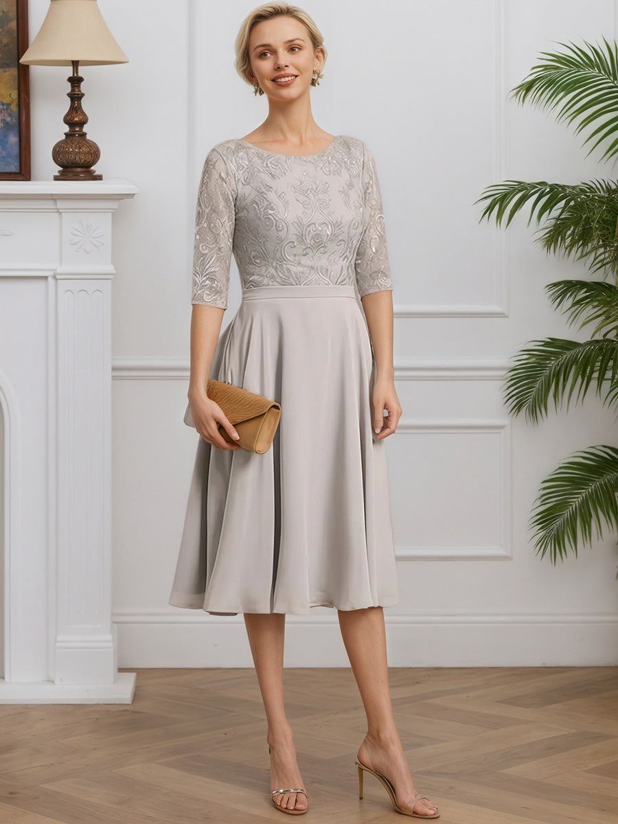 Cicinia Taupe Robe pour Mère de la Mariée Courte en Dentelle et Mousseline A-Line Longueur Genoux Manches Demi-longues
