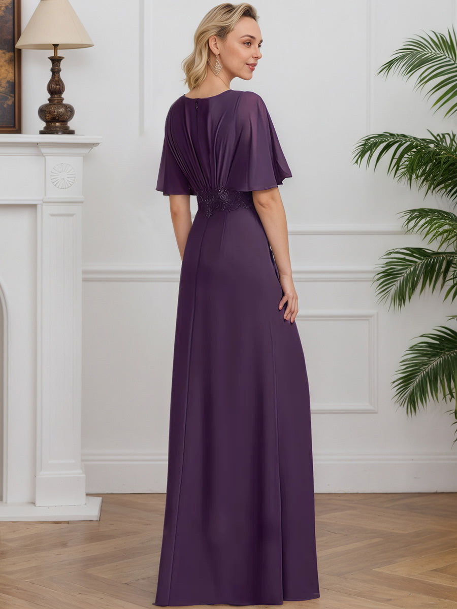 Cicinia Prune Robe pour Mère de la Mariée Longue en Mousseline et Dentelle A-Line Décolleté en V