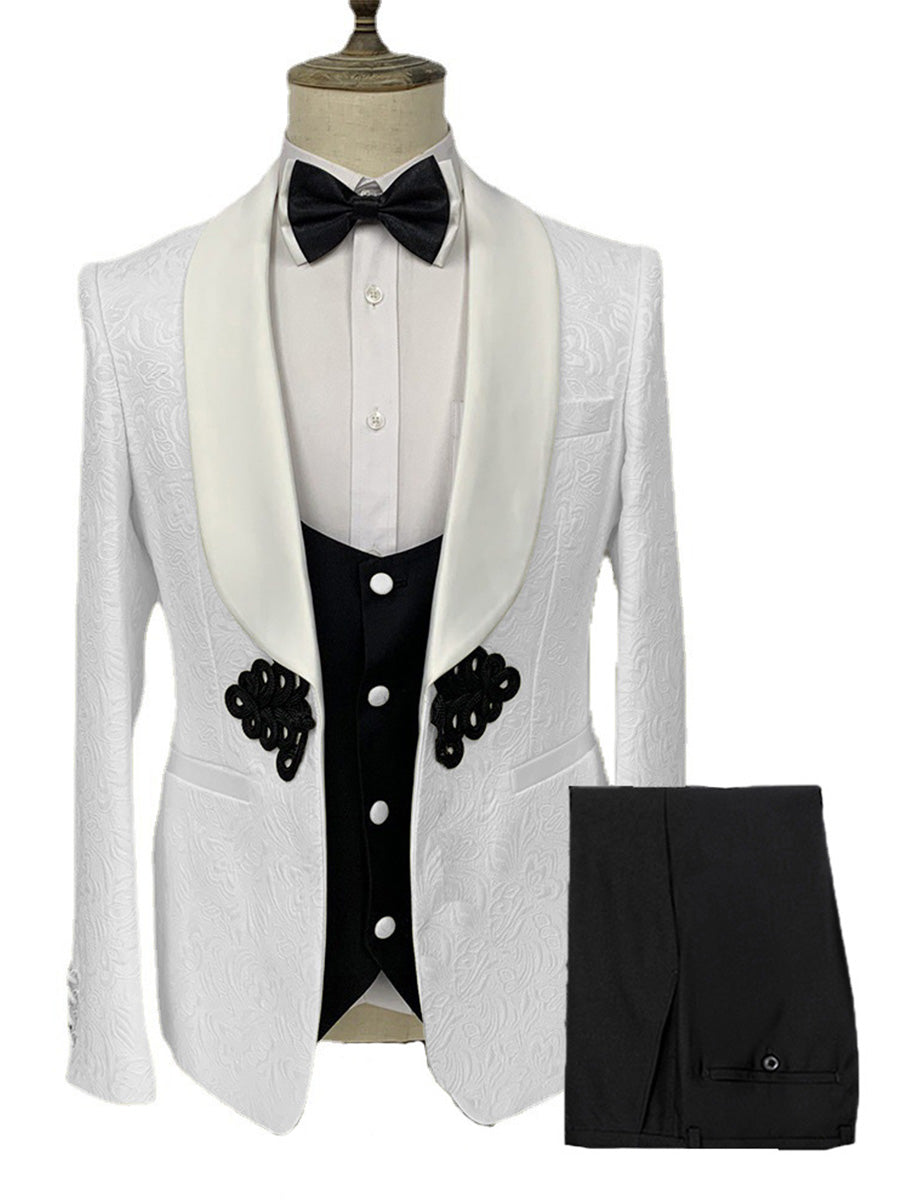 Costume Homme 3 Pièces Blanc à Motif Jacquard Élégance Racée pour Marié et Garçons d'Honneur