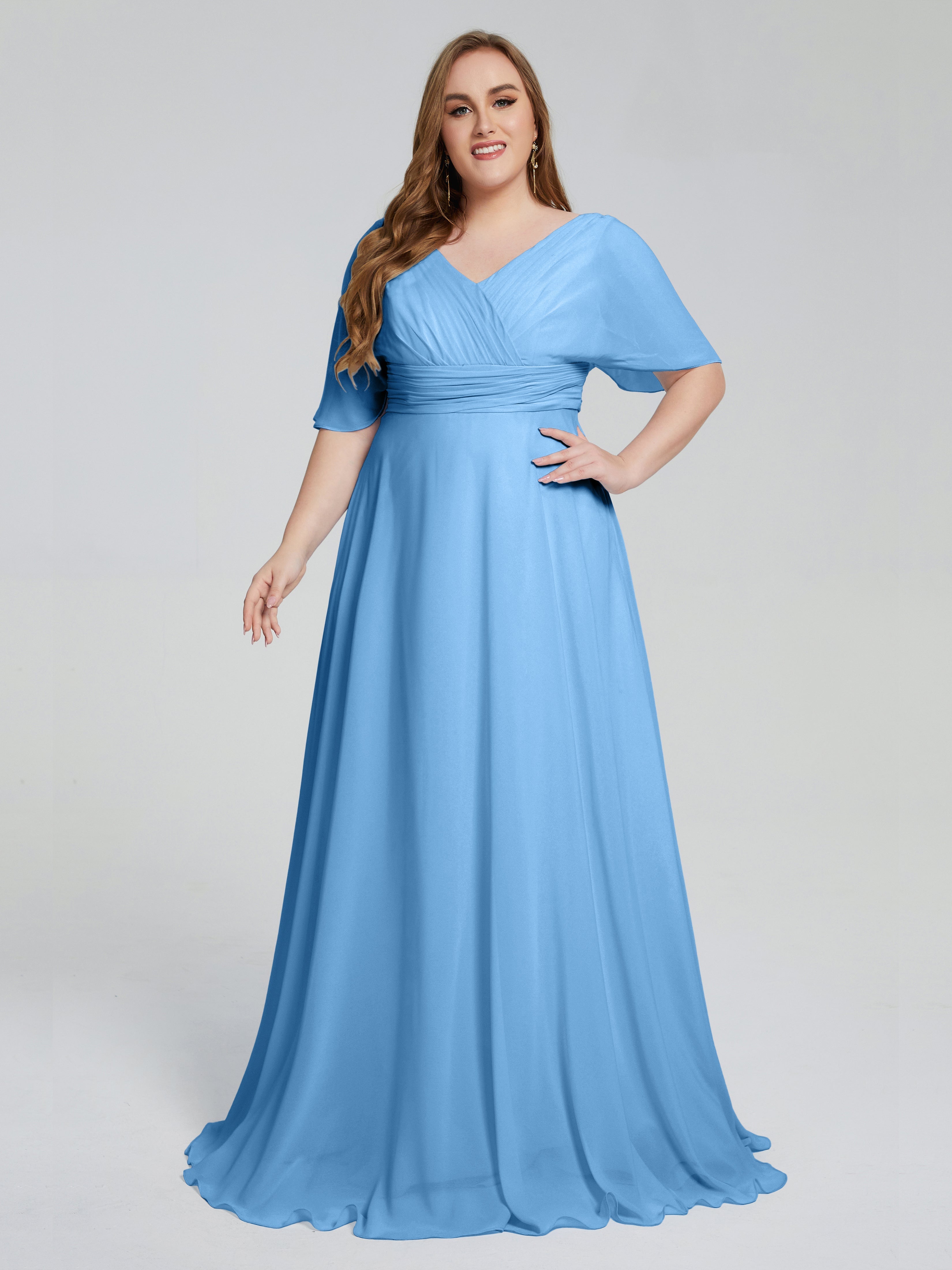 Robes De Demoiselle D'Honneur Bleues Balayage Traîne Manches Courtes Mousseline Robes Demoiselle D'Honneur Grande Taille