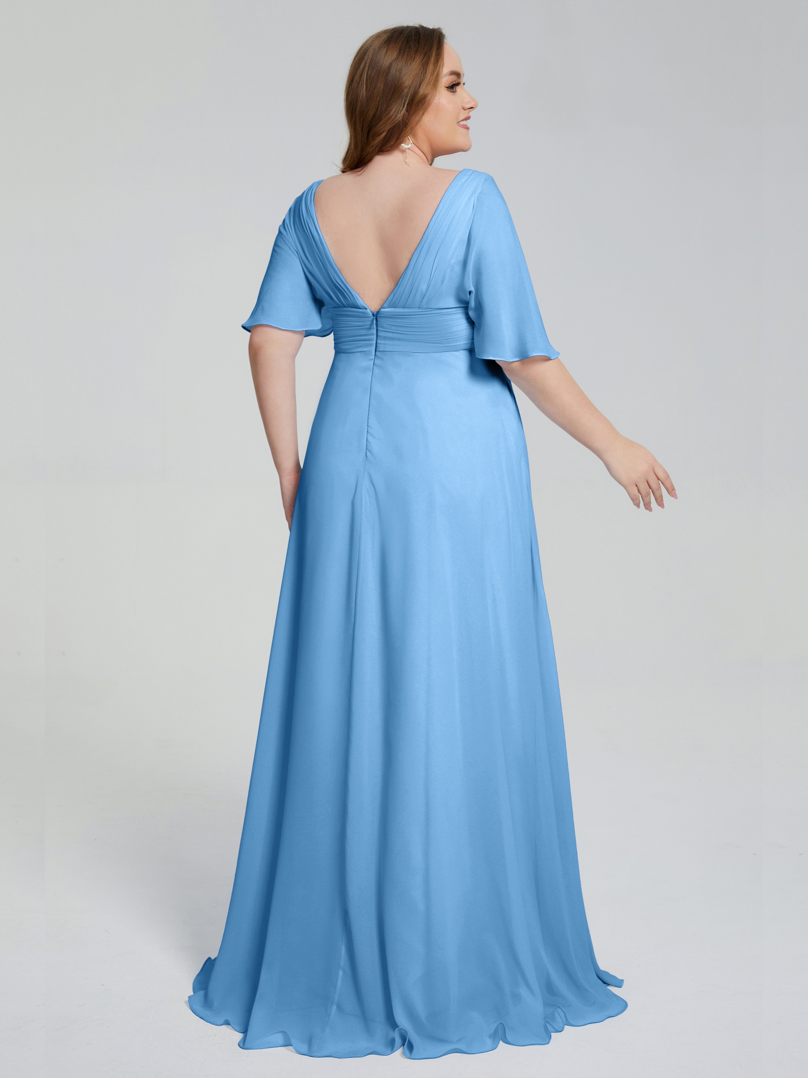 Robes De Demoiselle D'Honneur Bleues Balayage Traîne Manches Courtes Mousseline Robes Demoiselle D'Honneur Grande Taille