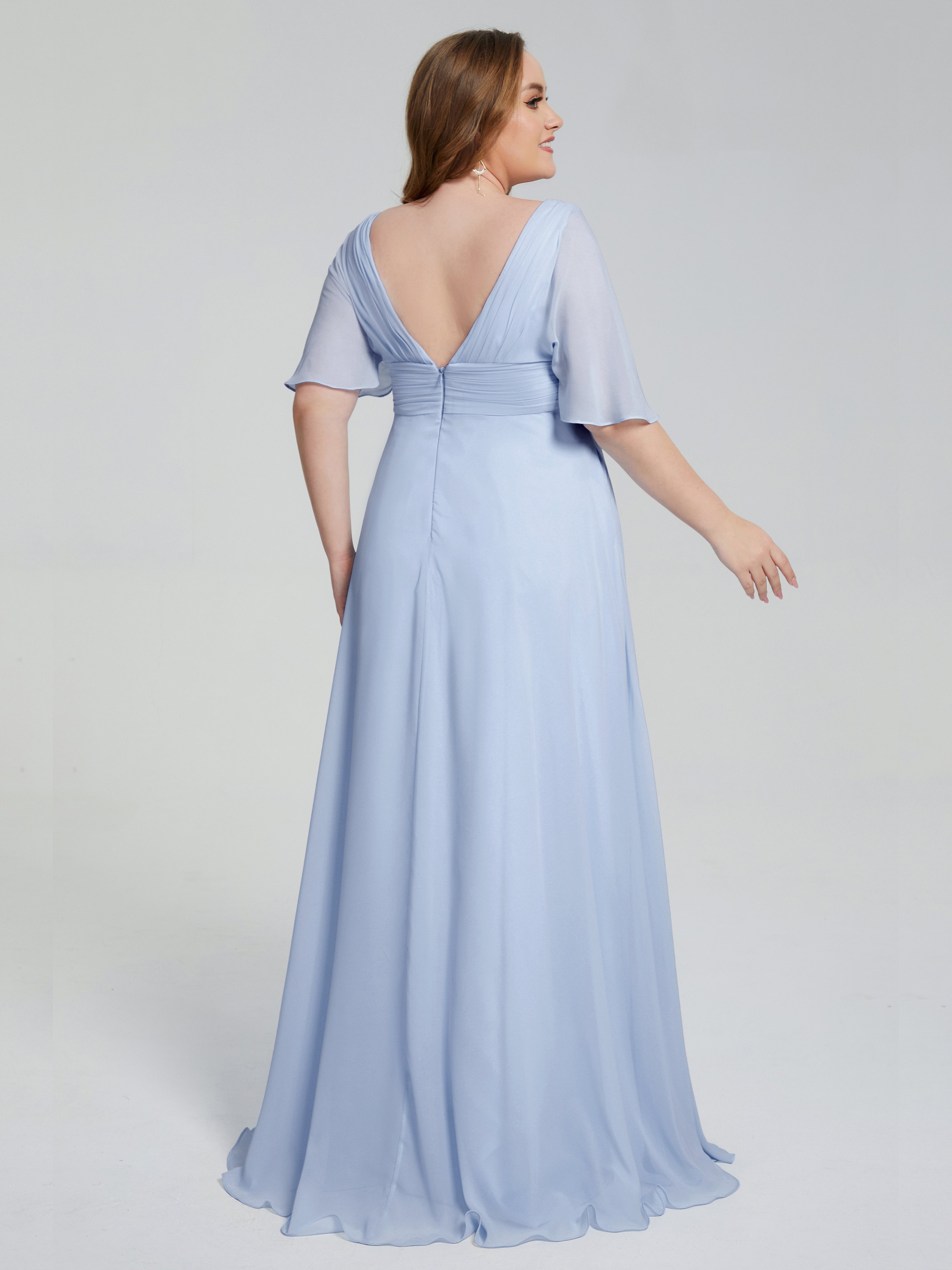 Robe Demoiselle D Honneur Bleu Ciel Balayage Traîne Manches Courtes Mousseline Robes Demoiselle D'Honneur Grande Taille