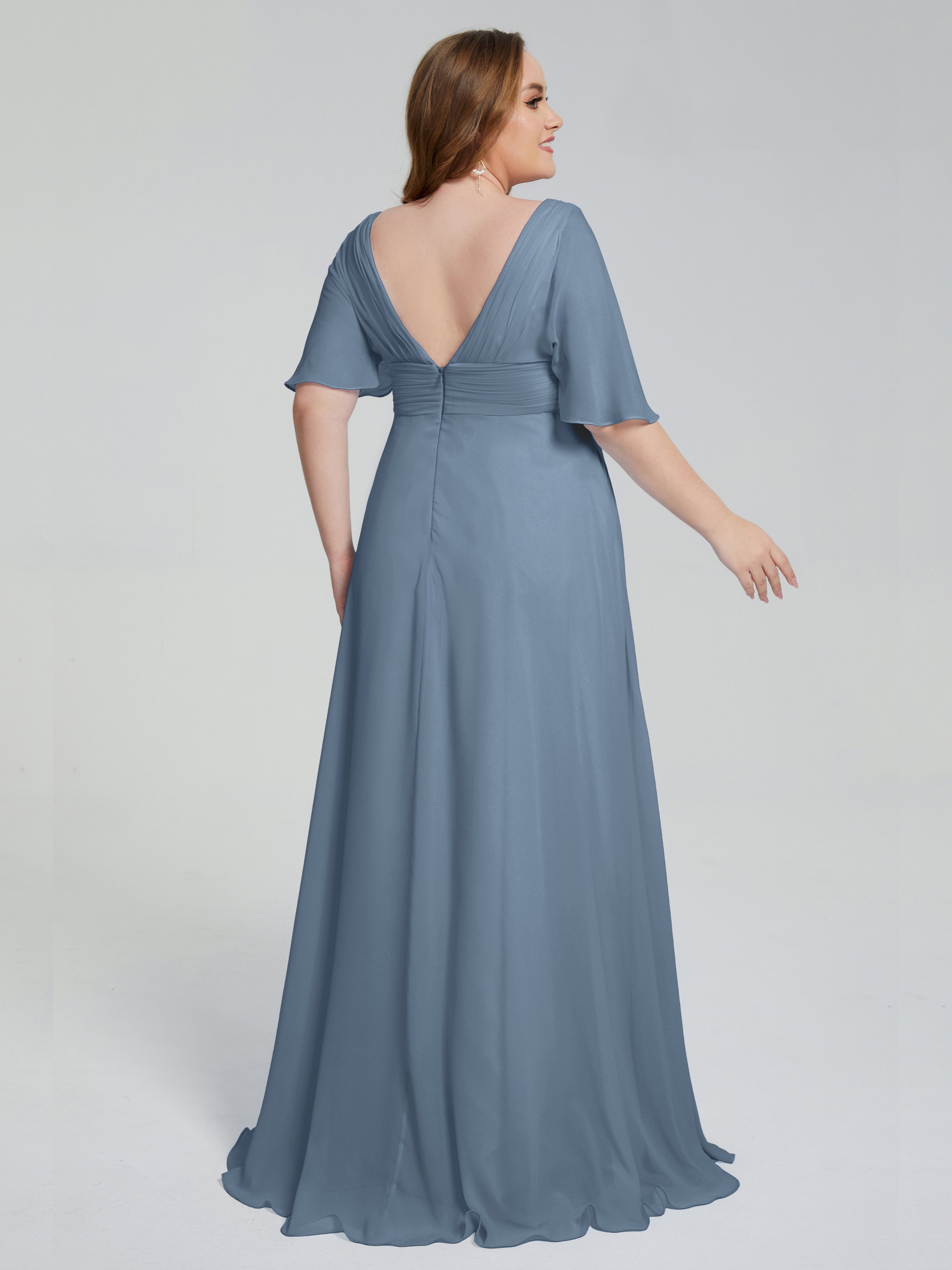 Robes De Demoiselle D'Honneur Bleu De Schiste Balayage Traîne Manches Courtes Mousseline Robes Demoiselle D'Honneur Grande Taille
