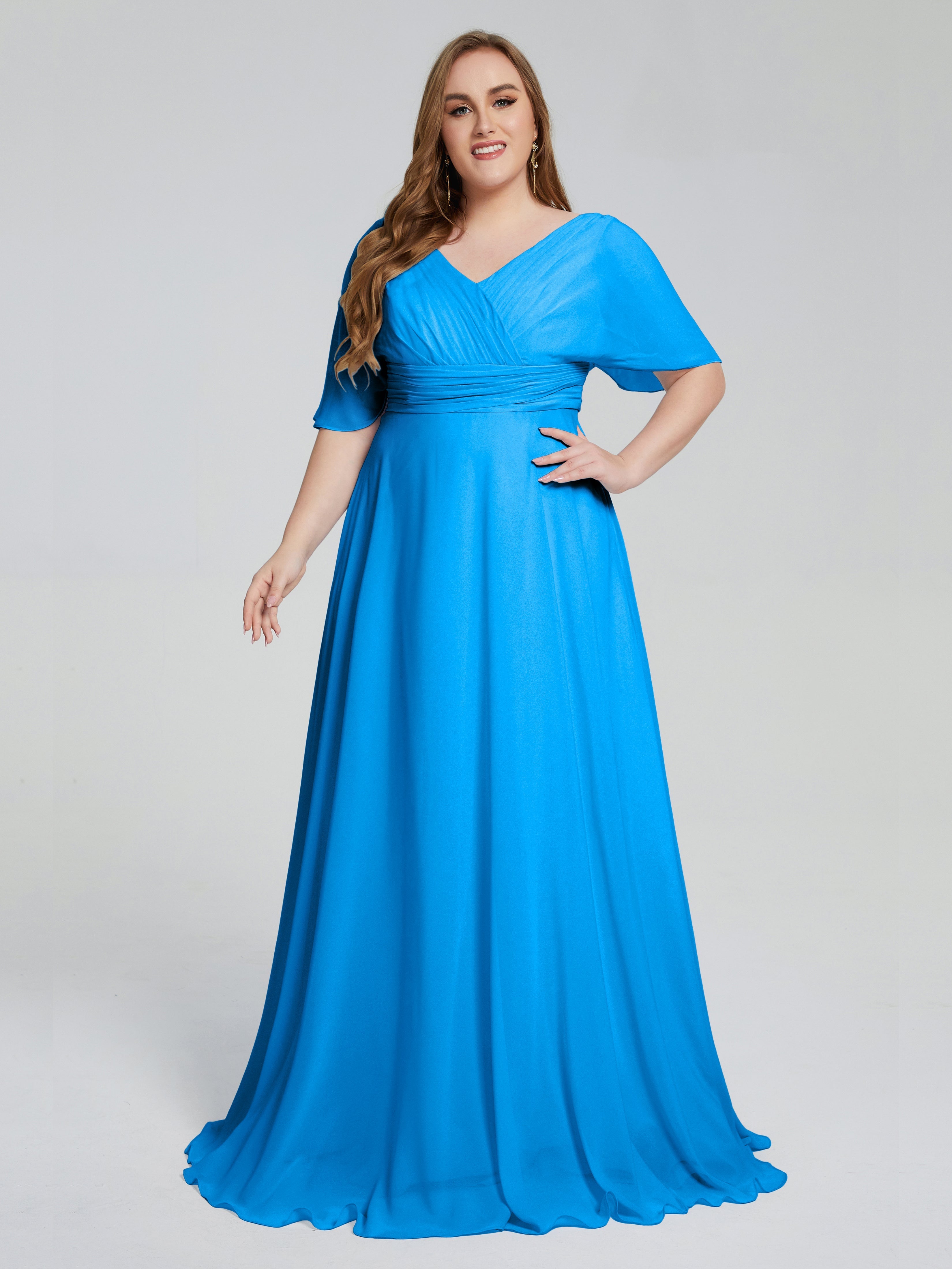 Robes De Demoiselle D'Honneur Bleu Océan Balayage Traîne Manches Courtes Mousseline Robes Demoiselle D'Honneur Grande Taille
