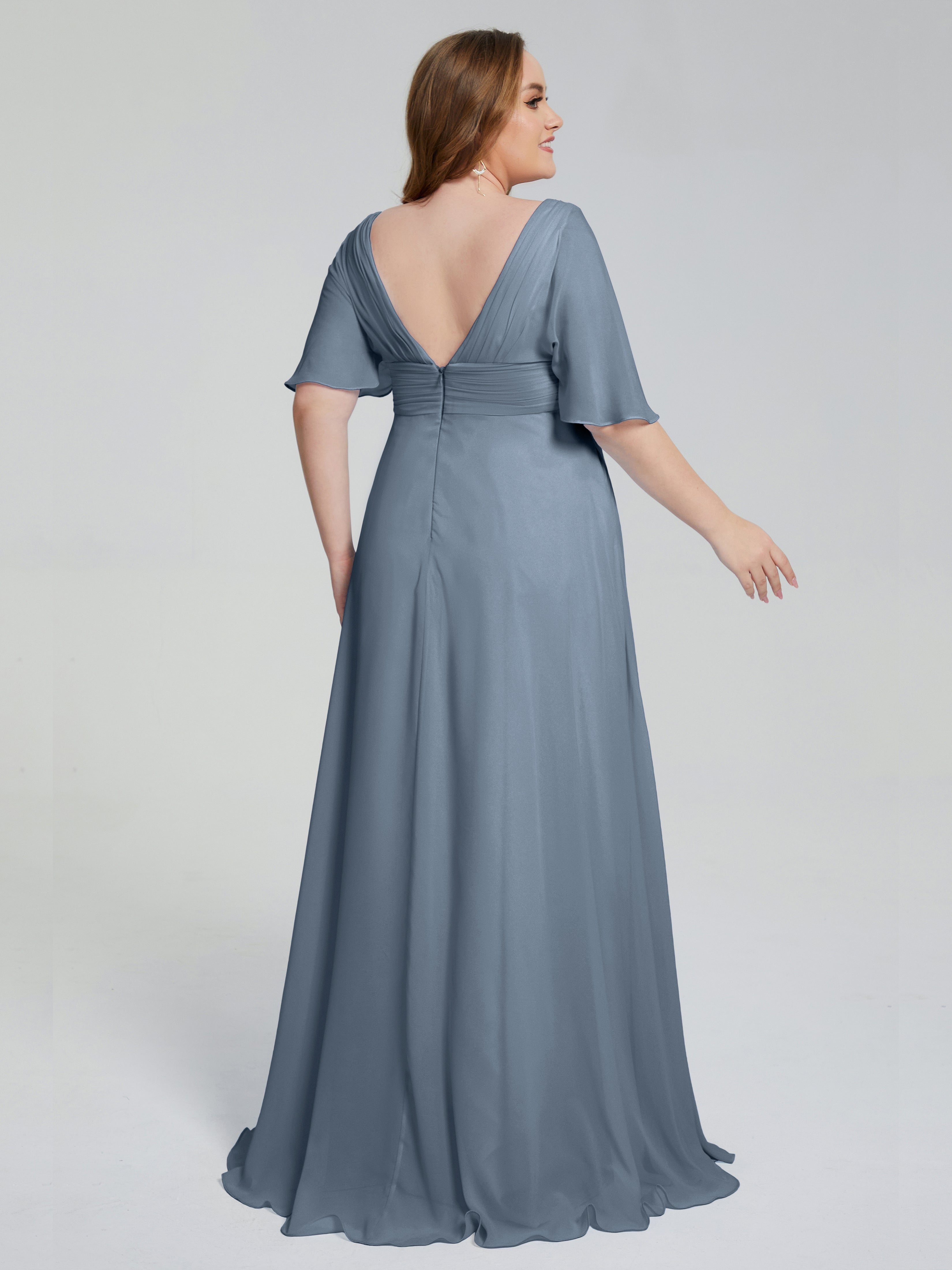 Robes De Demoiselle D'Honneur Bleu Gris Balayage Traîne Manches Courtes Mousseline Robes Demoiselle D'Honneur Grande Taille