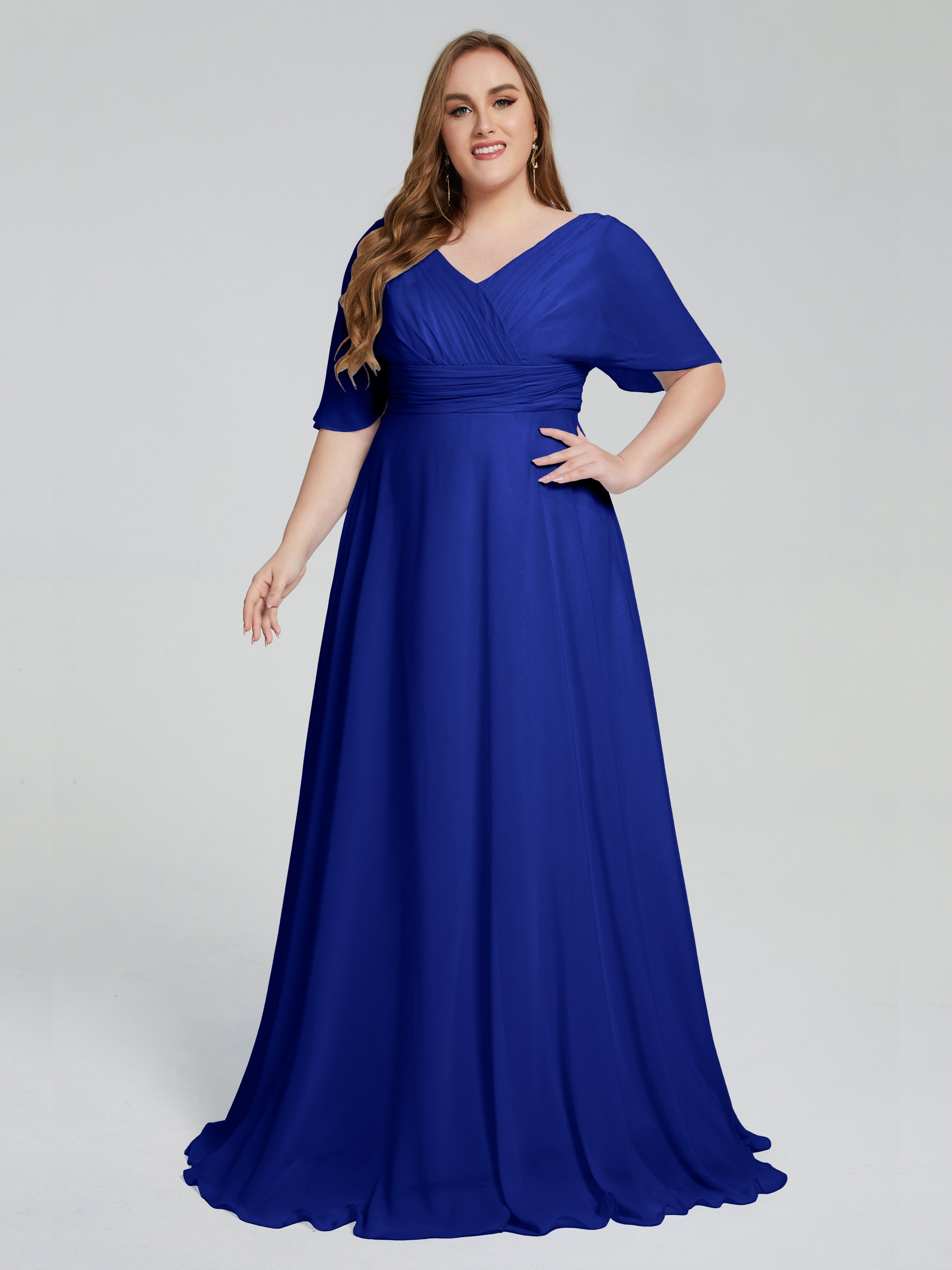 Demoiselle D'Honneur Bleu Royal Balayage Traîne Manches Courtes Mousseline Robes Demoiselle D'Honneur Grande Taille