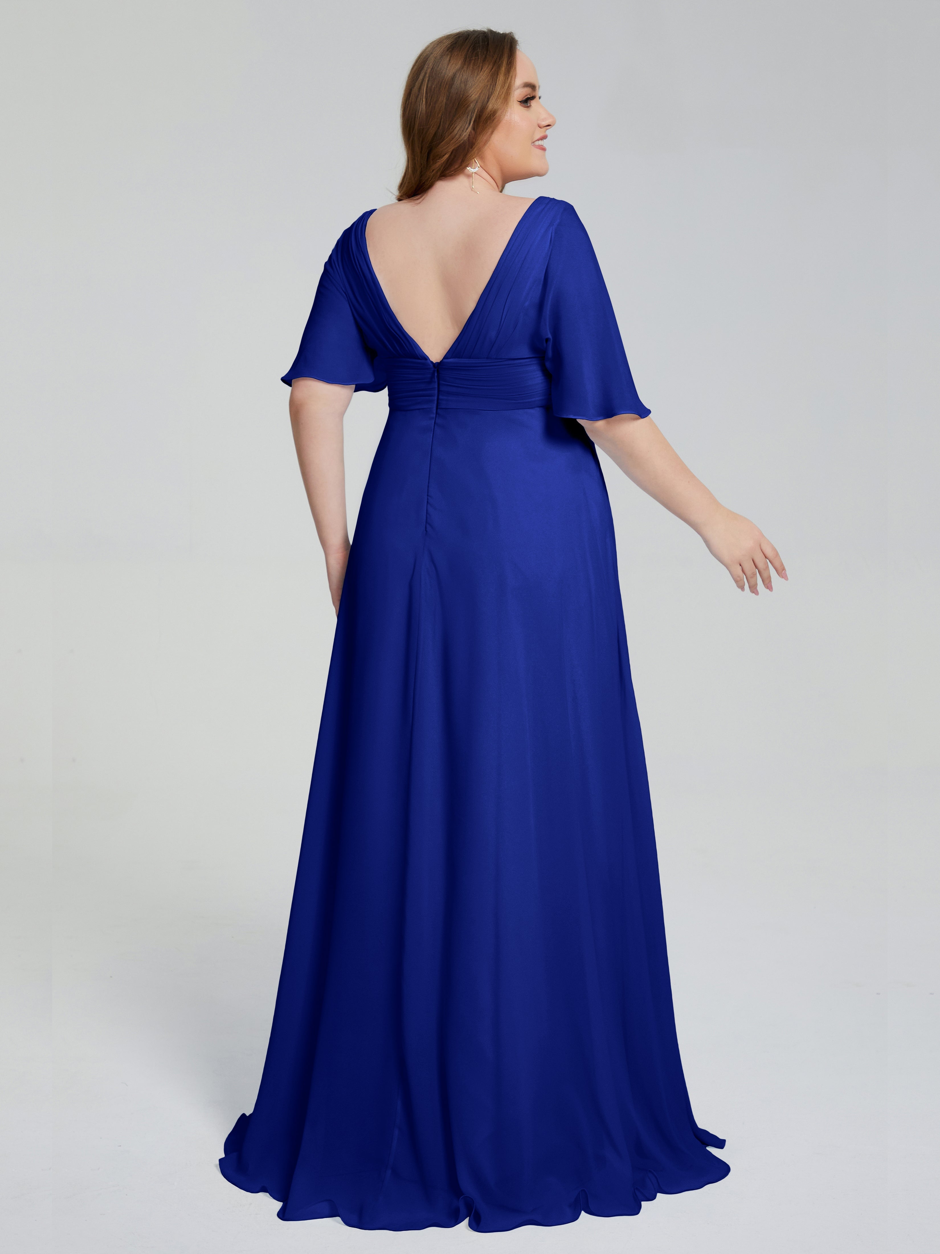 Demoiselle D'Honneur Bleu Royal Balayage Traîne Manches Courtes Mousseline Robes Demoiselle D'Honneur Grande Taille