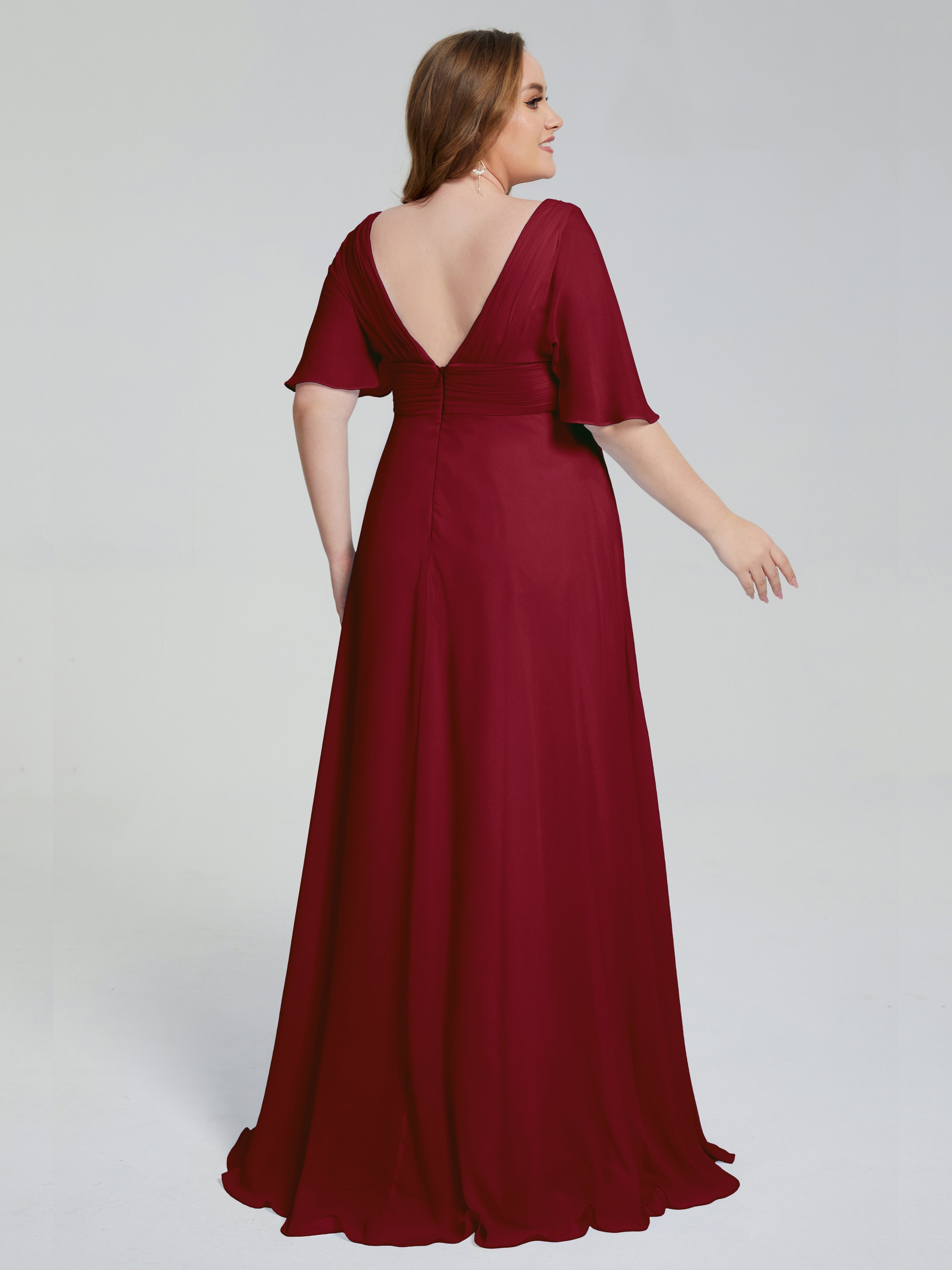 Modestes Robes De Demoiselle D'Honneur Bordeaux Balayage Traîne Manches Courtes Mousseline Robes Demoiselle D'Honneur Grande Taille